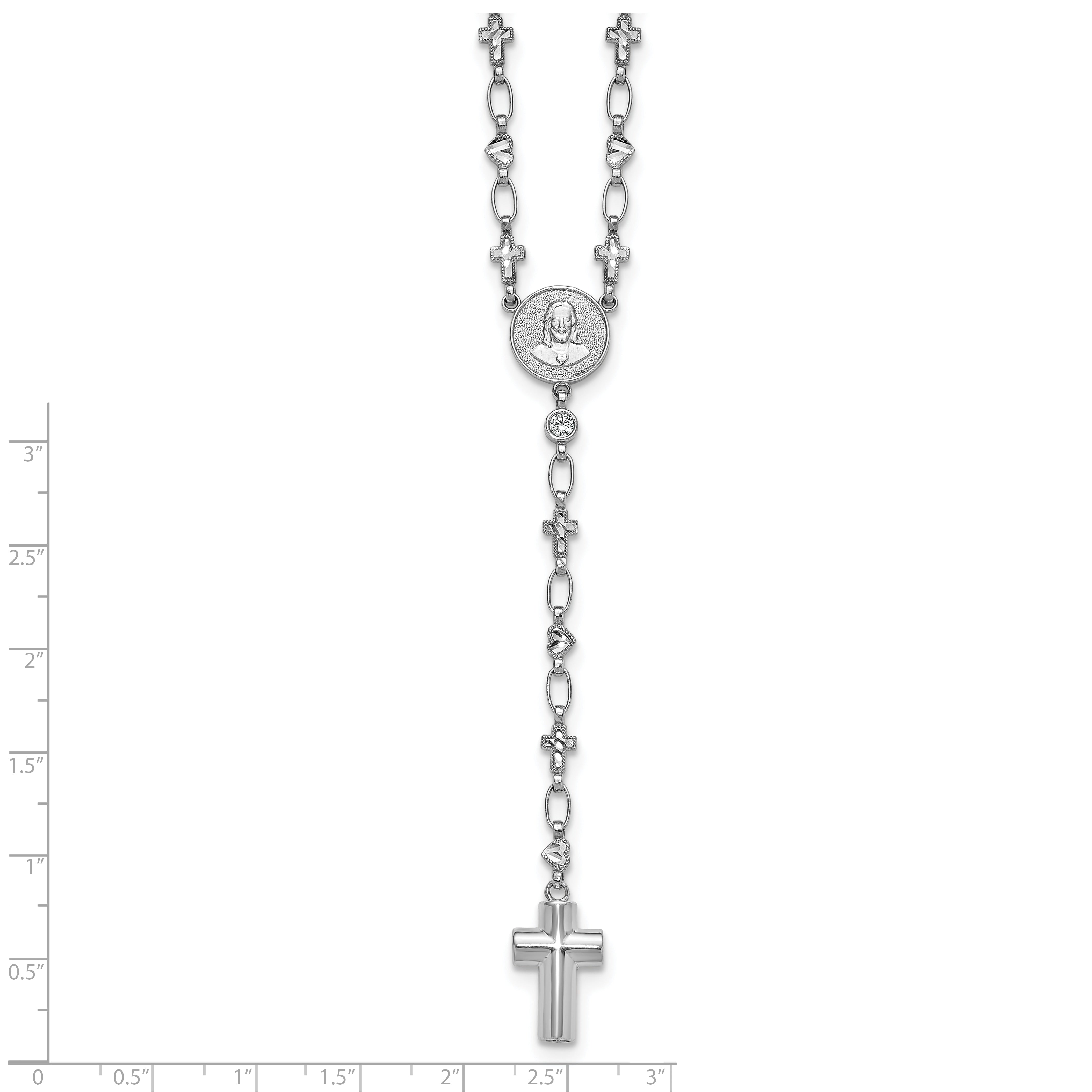 Sterling Silver Rhodium-plated CZ and Diamond-cut Heart and Cross Link with Cross Ash Holder 28.5 inch Rosary Necklace