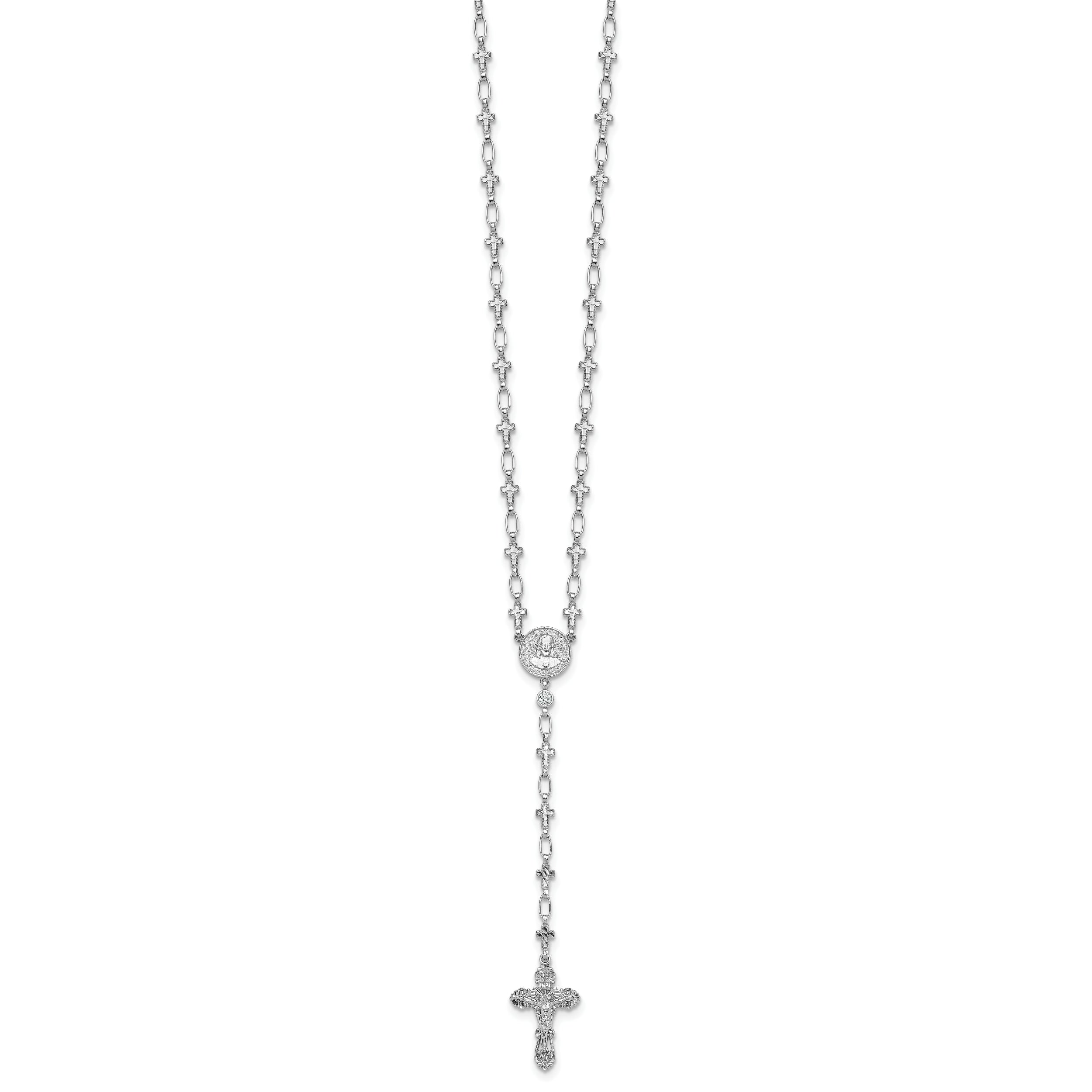 Sterling Silver Rhodium-plated Polished CZ and Diamond-cut Crosses 30.5 inch Rosary Necklace