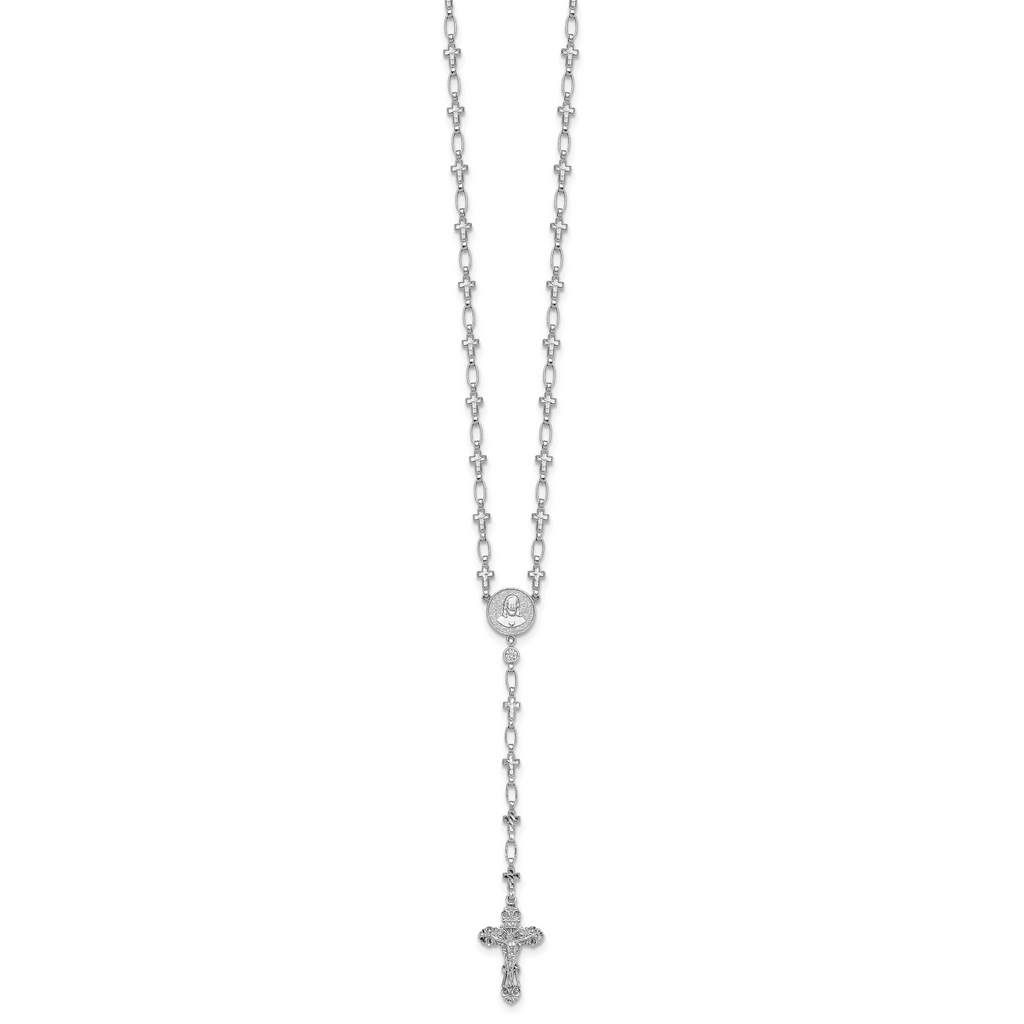 Sterling Silver Rhodium-plated Polished CZ and Diamond-cut Crosses 30.5 inch Rosary Necklace