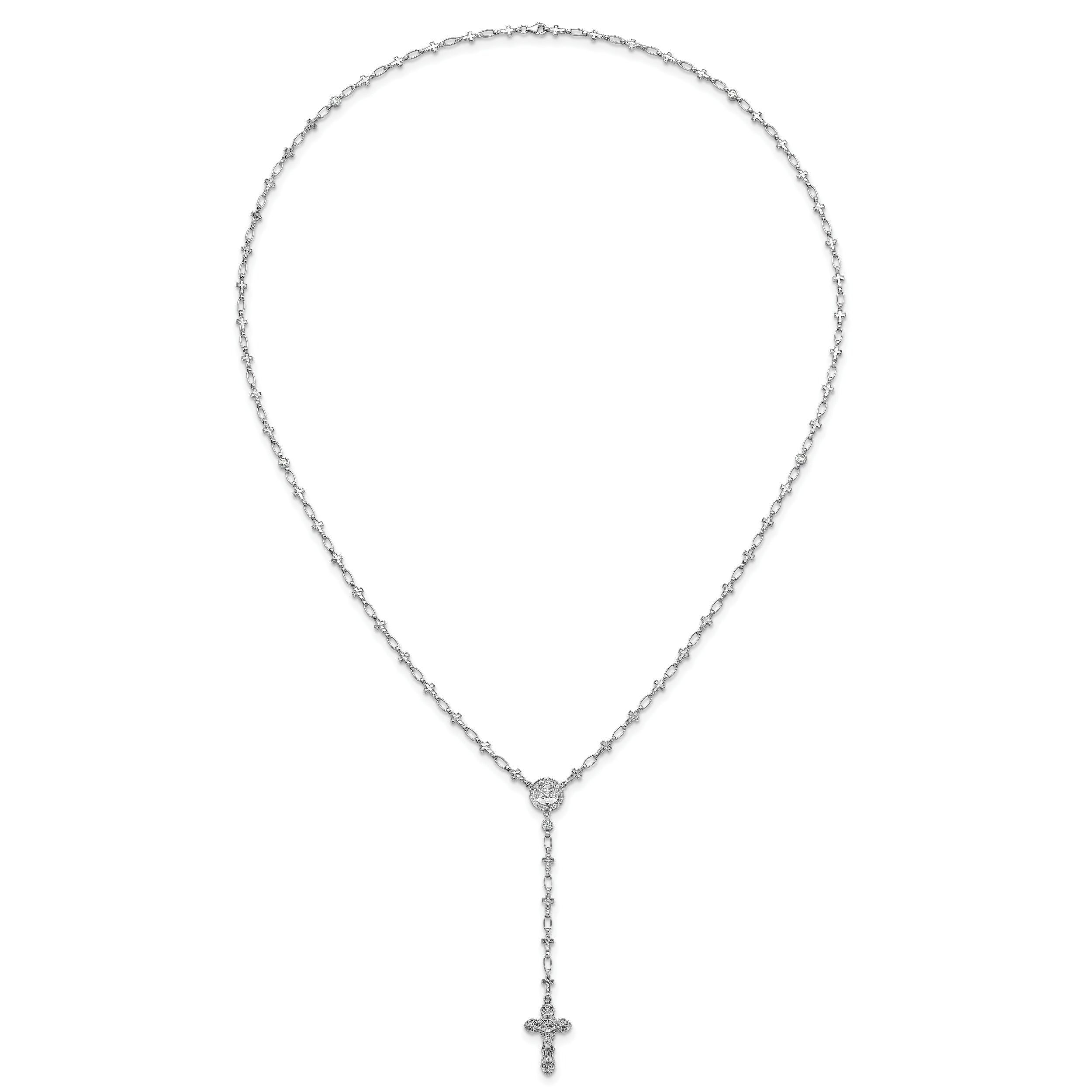 Sterling Silver Rhodium-plated Polished CZ and Diamond-cut Crosses 30.5 inch Rosary Necklace