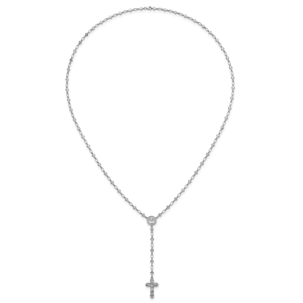 Sterling Silver Rhodium-plated Polished CZ and Diamond-cut Crosses 30.5 inch Rosary Necklace