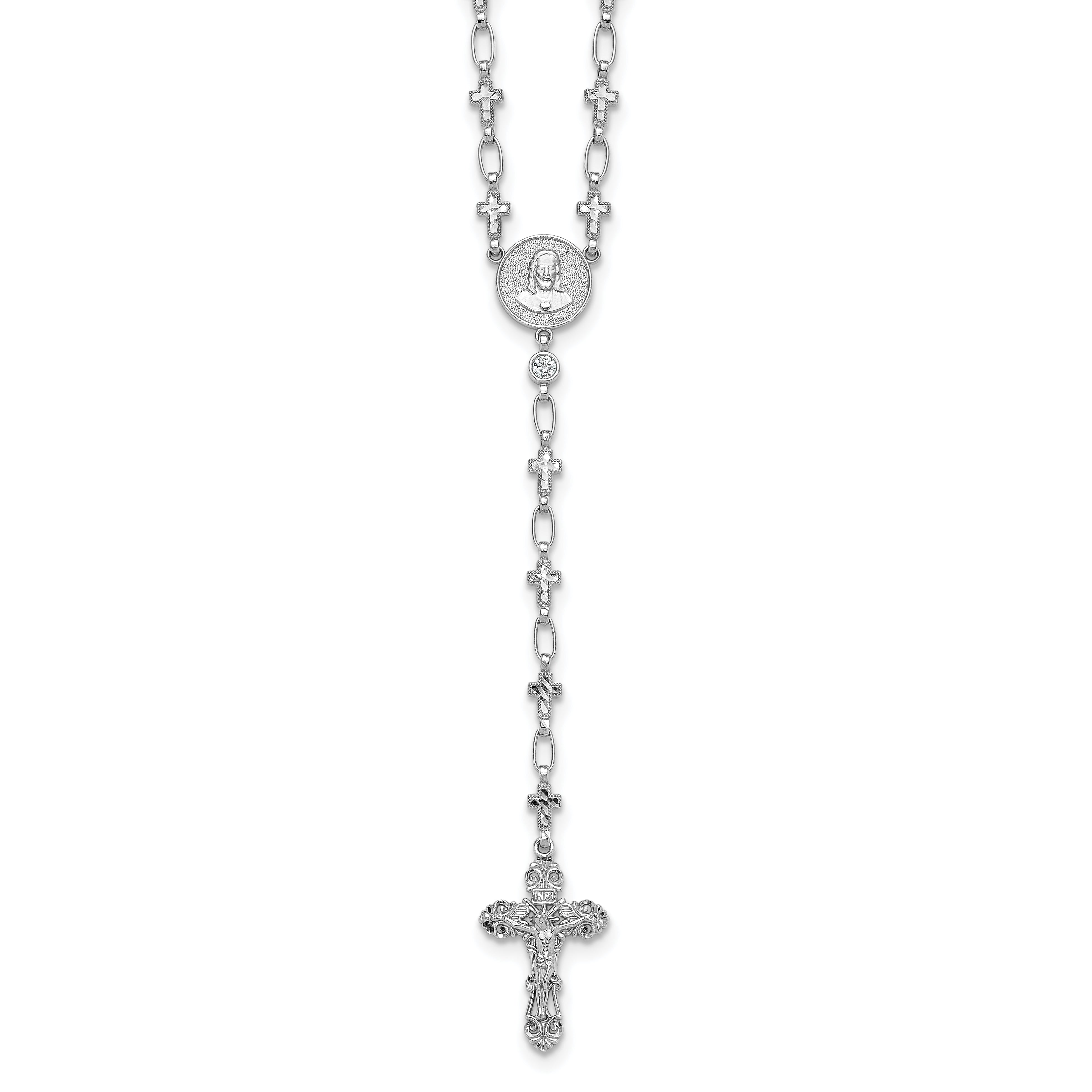 Sterling Silver Rhodium-plated Polished CZ and Diamond-cut Crosses 30.5 inch Rosary Necklace Main image