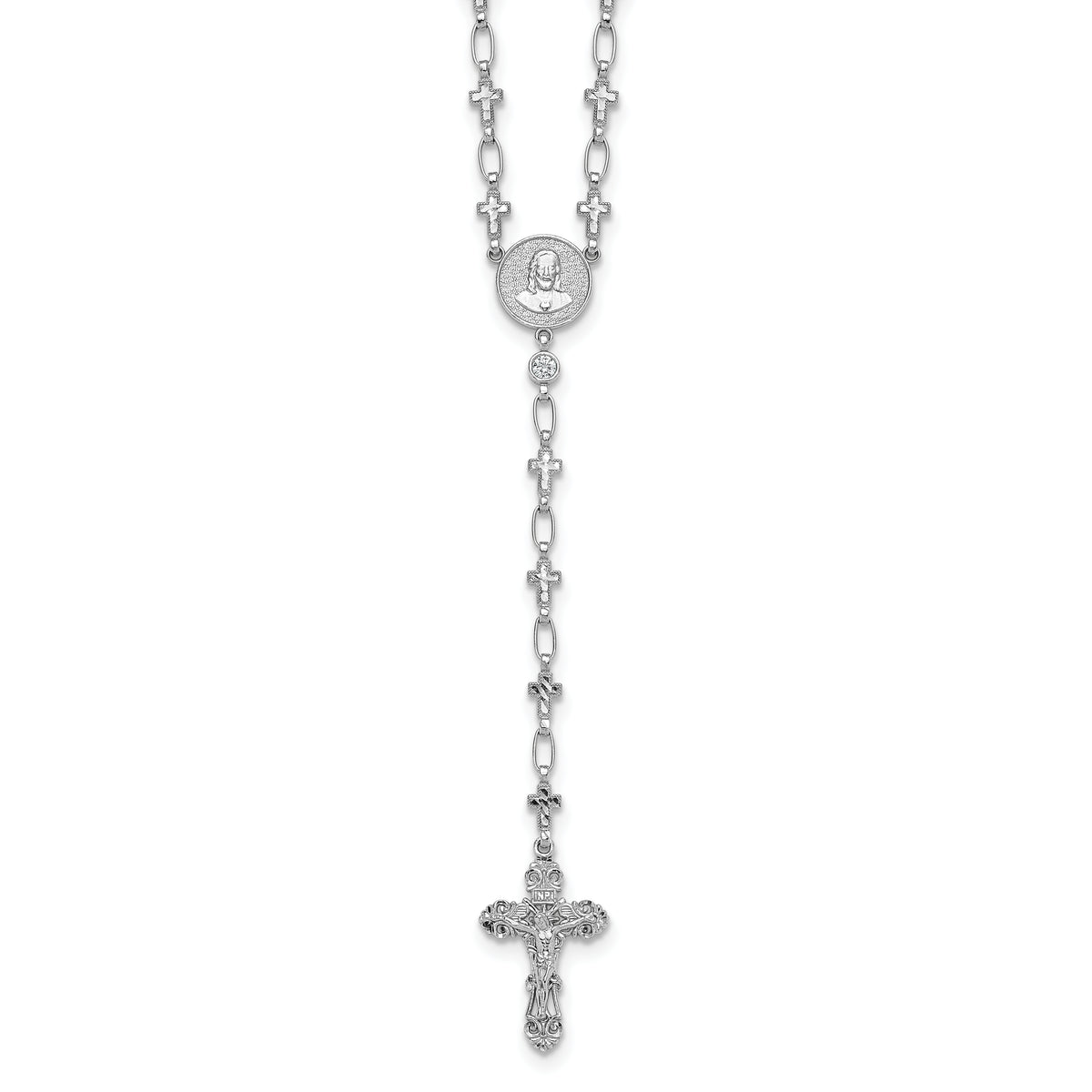 Sterling Silver Rhodium-plated Polished CZ and Diamond-cut Crosses 30.5 inch Rosary Necklace