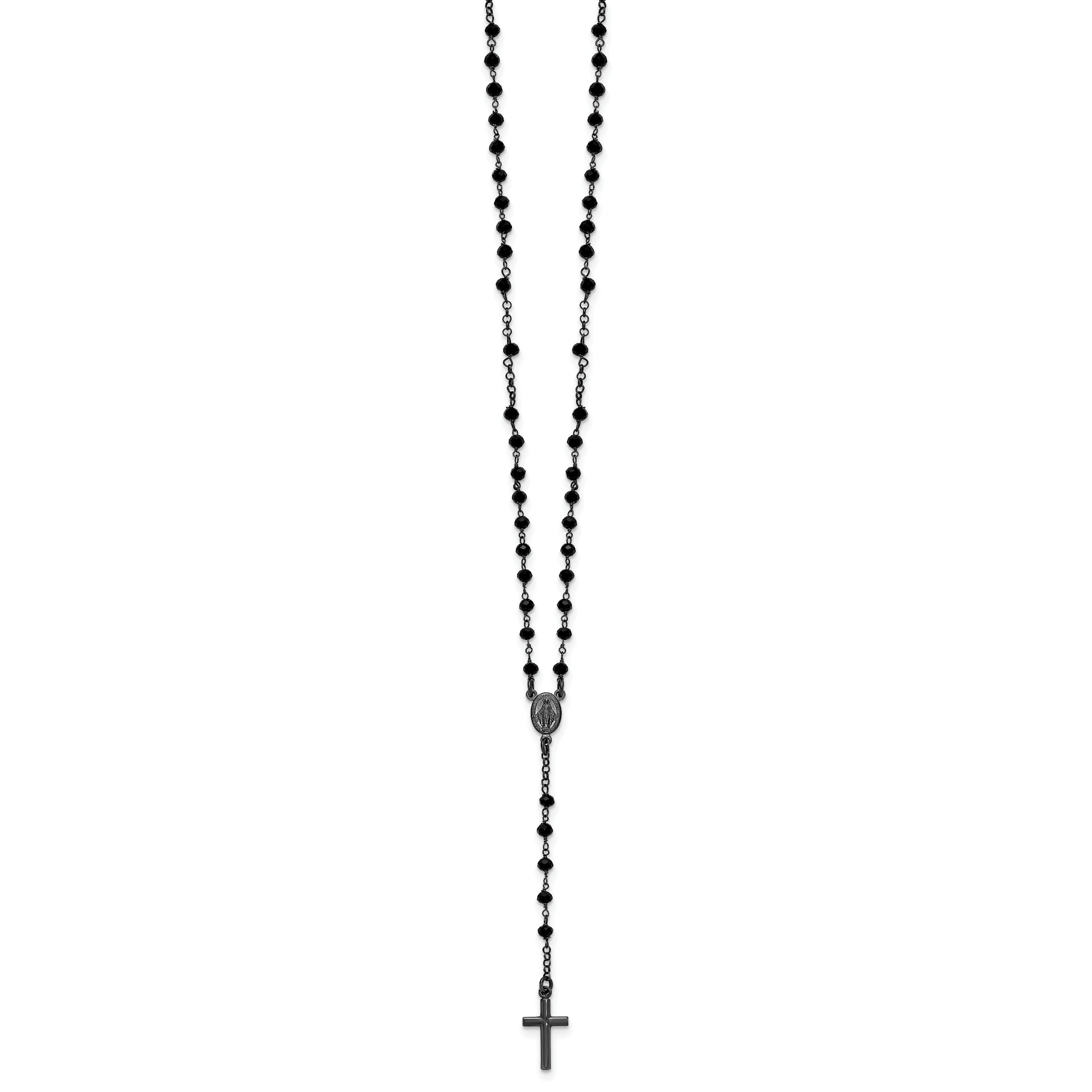 Sterling Silver Black Rhodium-plated Crystal 18.5 inch with 0.5 inch extender Rosary Necklace