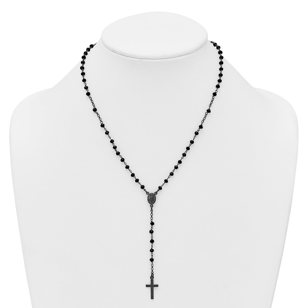 Sterling Silver Black Rhodium-plated Crystal 18.5 inch with 0.5 inch extender Rosary Necklace