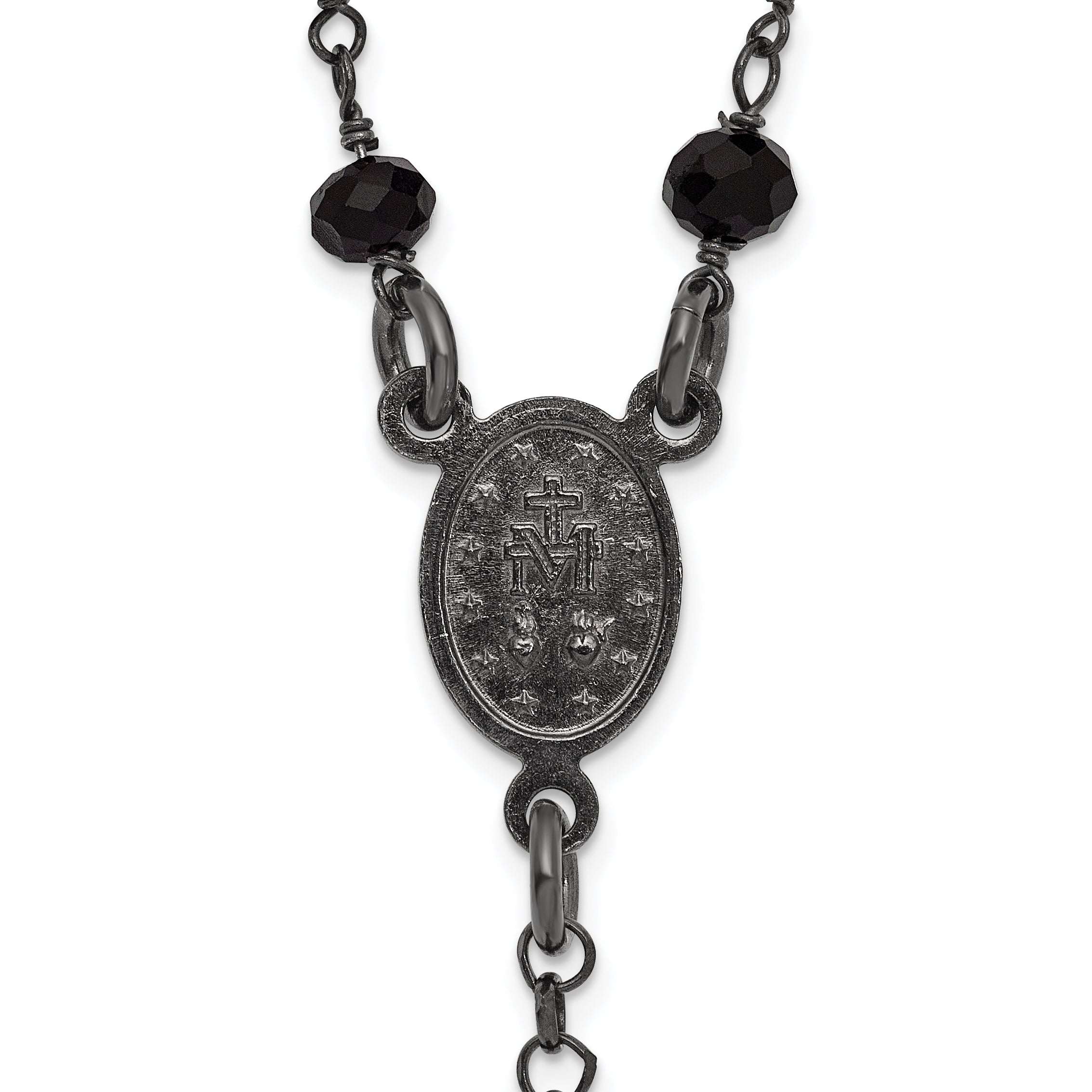 Sterling Silver Black Rhodium-plated Crystal 18.5 inch with 0.5 inch extender Rosary Necklace