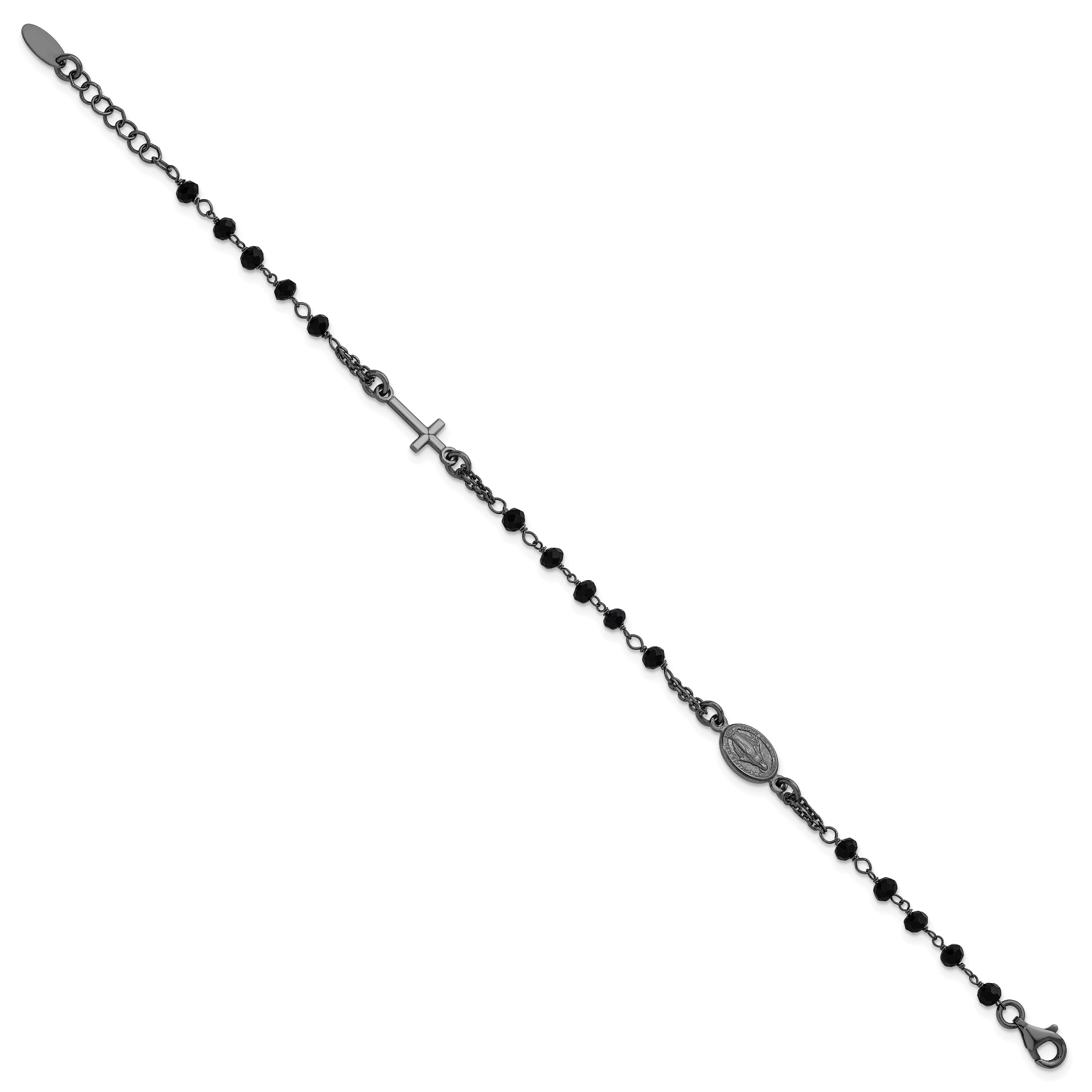 Sterling Silver Black Rhodium-plated Crystal 7 inch with 0.75 inch extender Rosary Themed Bracelet Secondary image