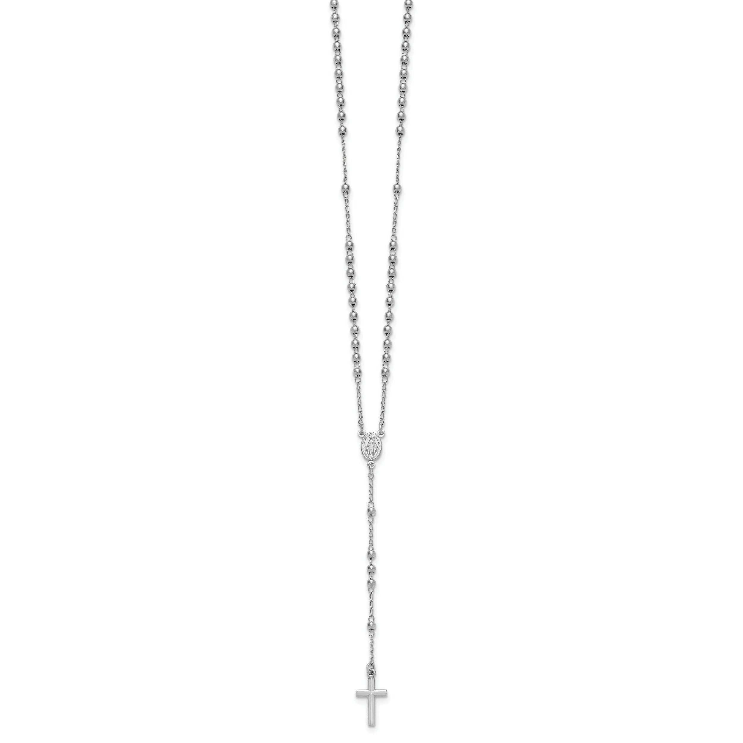 Sterling Silver Rhodium-plated Beaded 17 inch with 1.5 inch extender Rosary Necklace