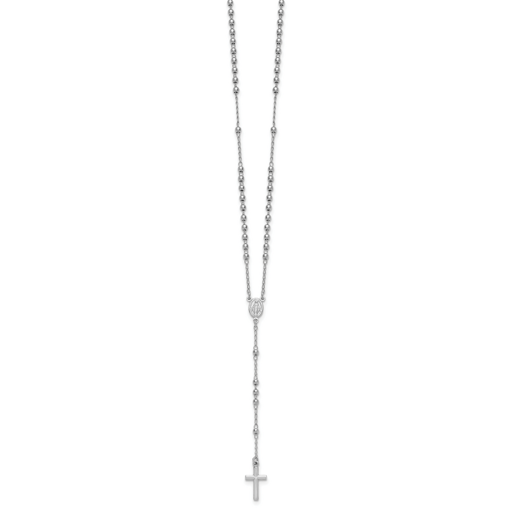 Sterling Silver Rhodium-plated Beaded 17 inch with 1.5 inch extender Rosary Necklace