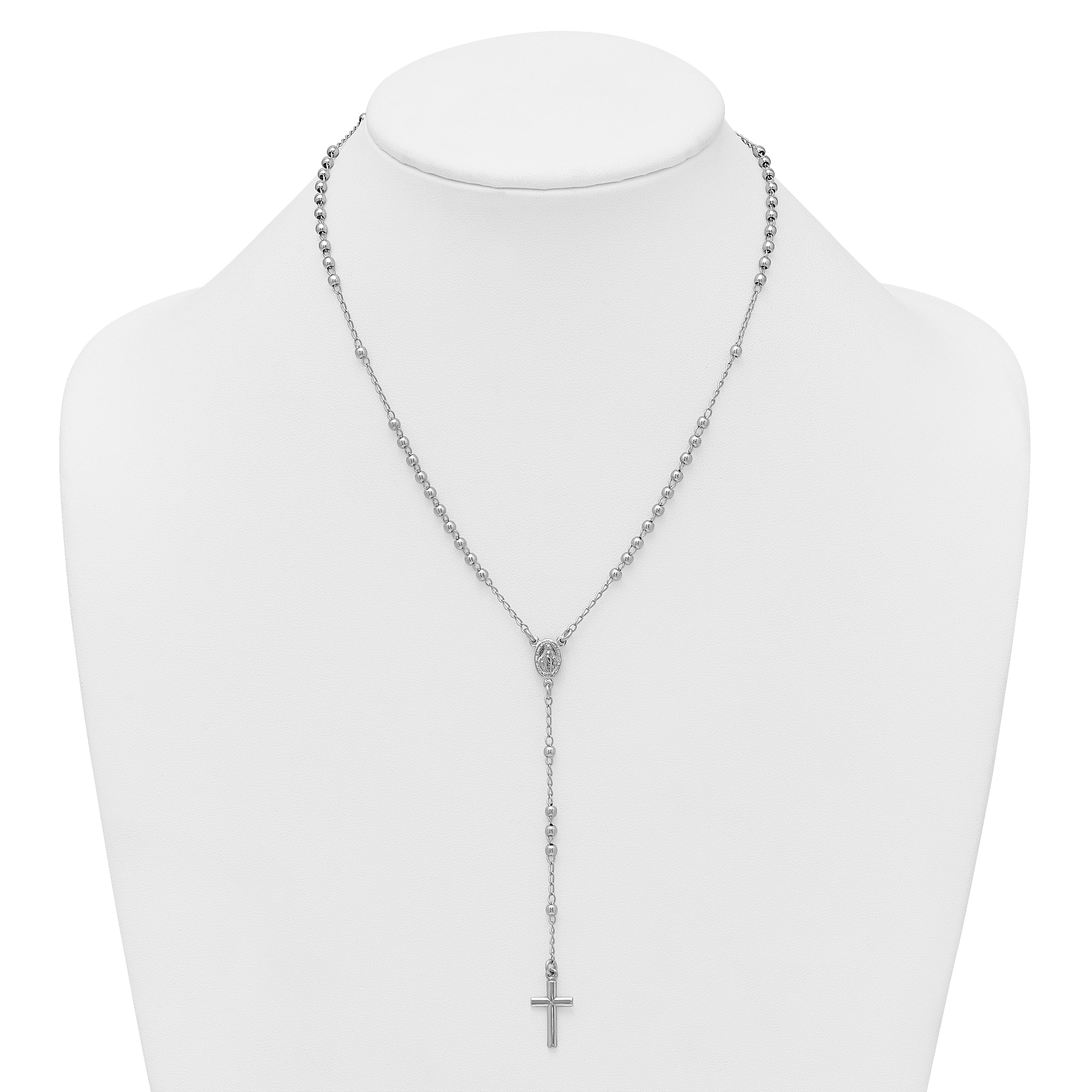 Sterling Silver Rhodium-plated Beaded 17 inch with 1.5 inch extender Rosary Necklace