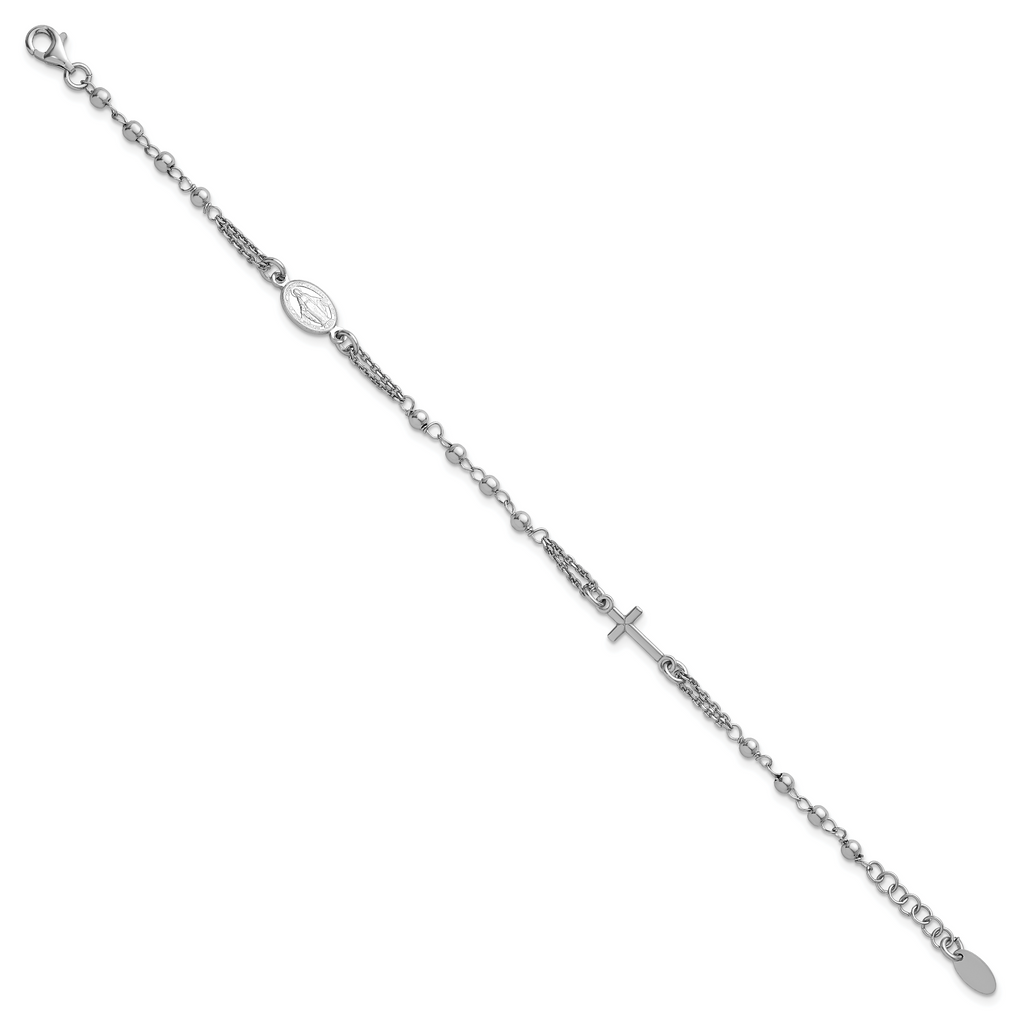 Sterling Silver Rhodium-plated 7.25 inch with 0.5 inch extender Rosary Themed Bracelet