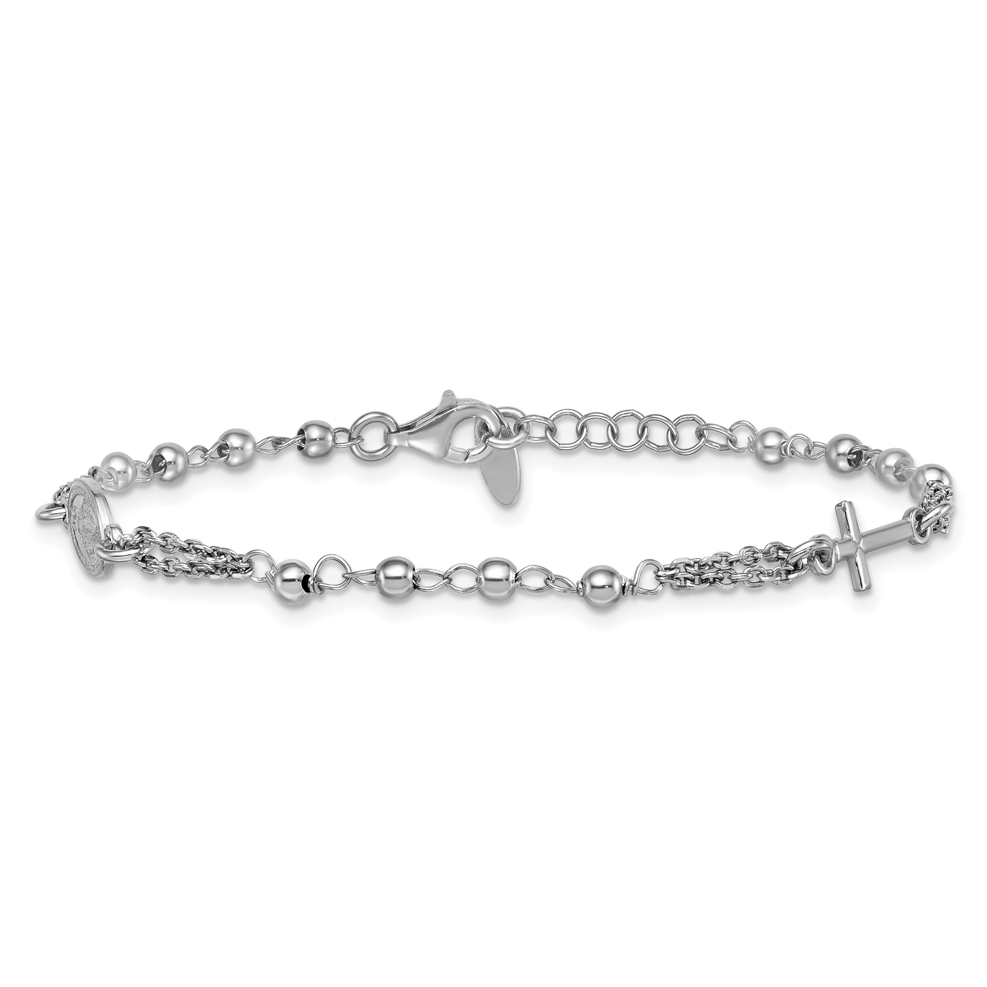 Sterling Silver Rhodium-plated 7.25 inch with 0.5 inch extender Rosary Themed Bracelet