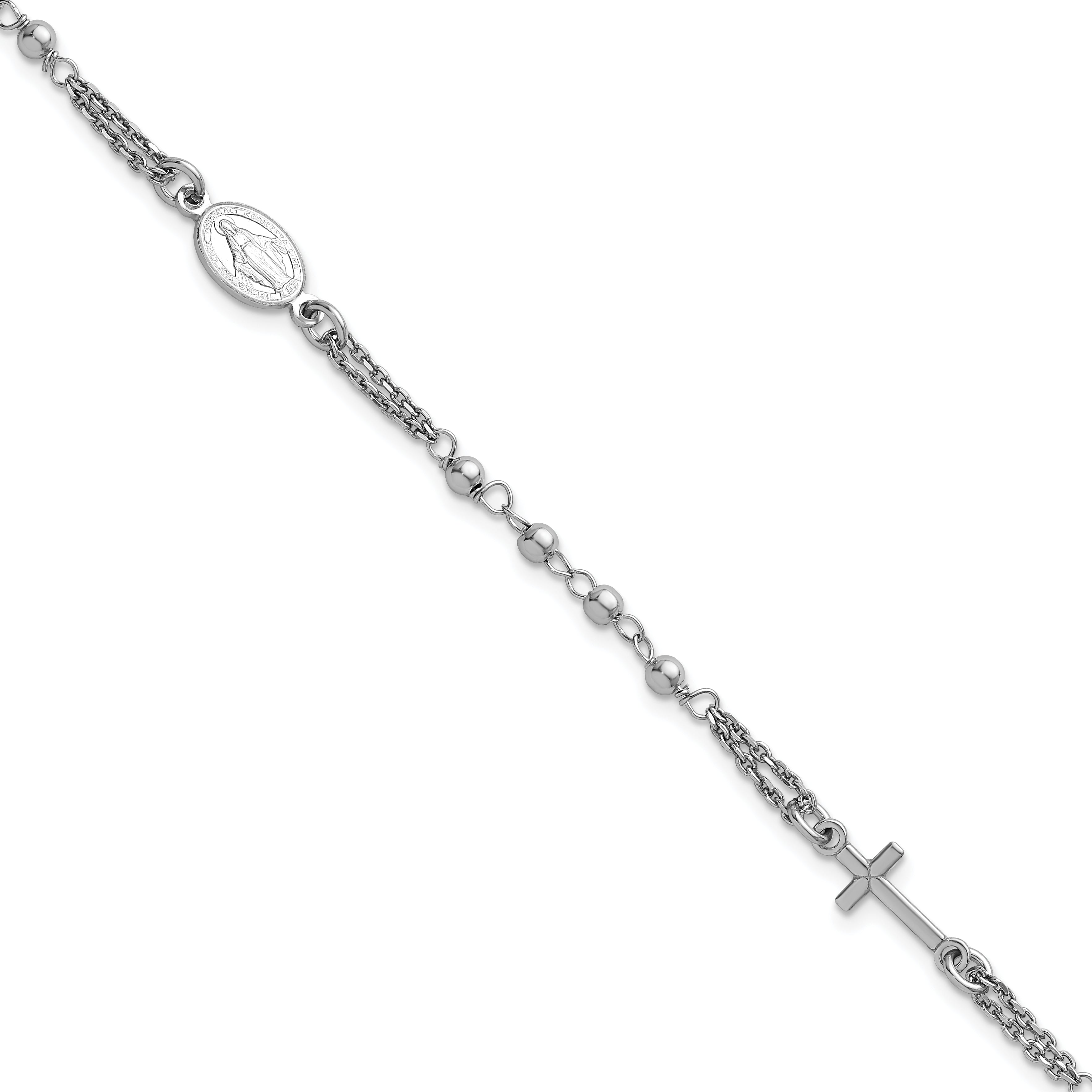 Sterling Silver Rhodium-plated 7.25 inch with 0.5 inch extender Rosary Themed Bracelet