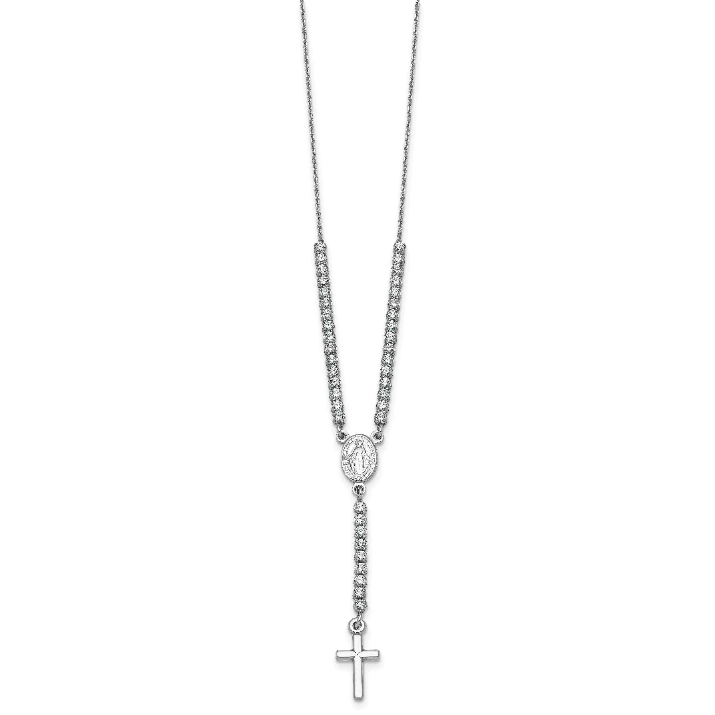 Sterling Silver Rhodium-plated Polished CZ 15.5 inch with 2 inch extender Rosary Necklace Secondary image