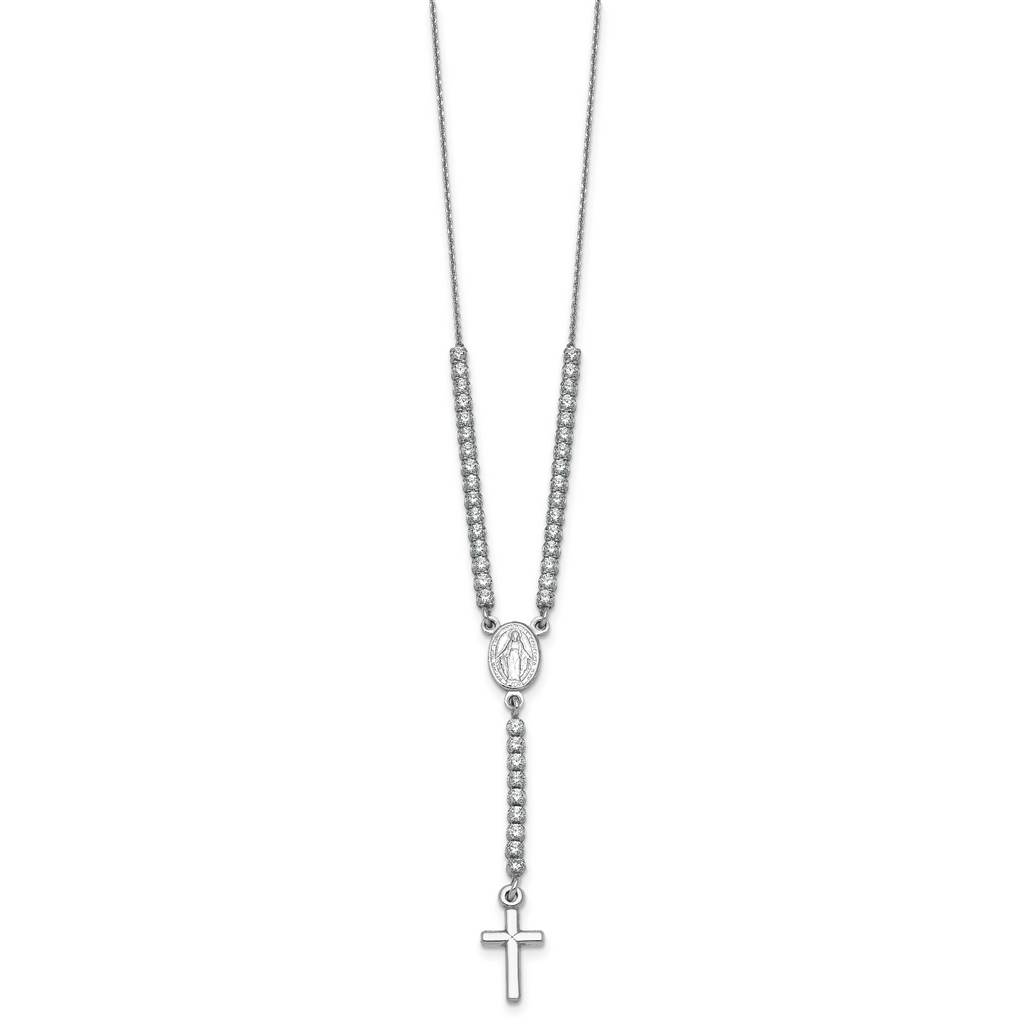 Sterling Silver Rhodium-plated Polished CZ 15.5 inch with 2 inch extender Rosary Necklace