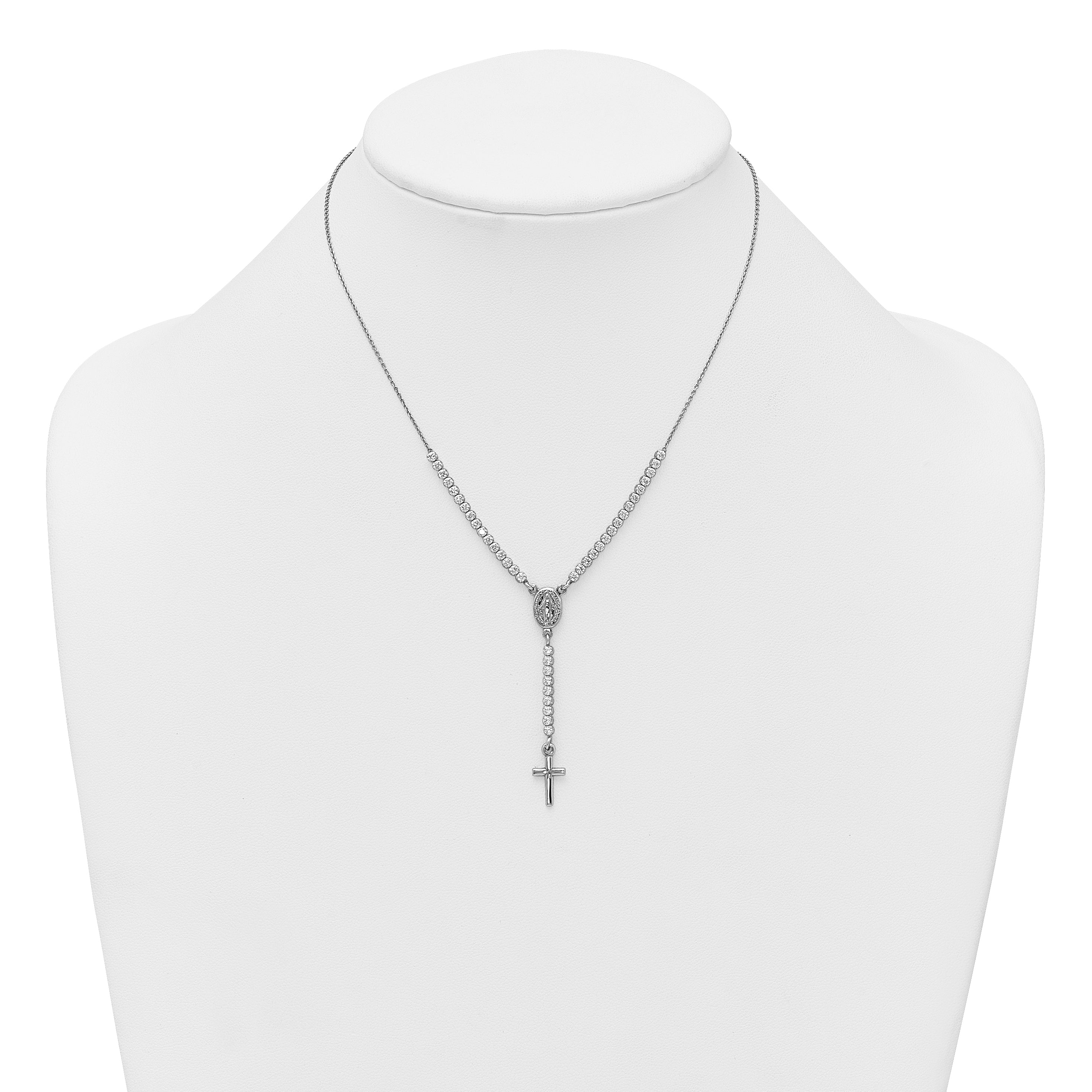 Sterling Silver Rhodium-plated Polished CZ 15.5 inch with 2 inch extender Rosary Necklace