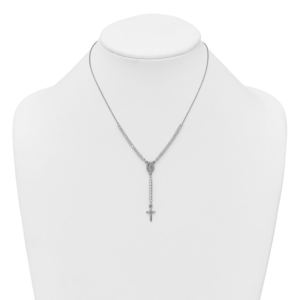 Sterling Silver Rhodium-plated Polished CZ 15.5 inch with 2 inch extender Rosary Necklace