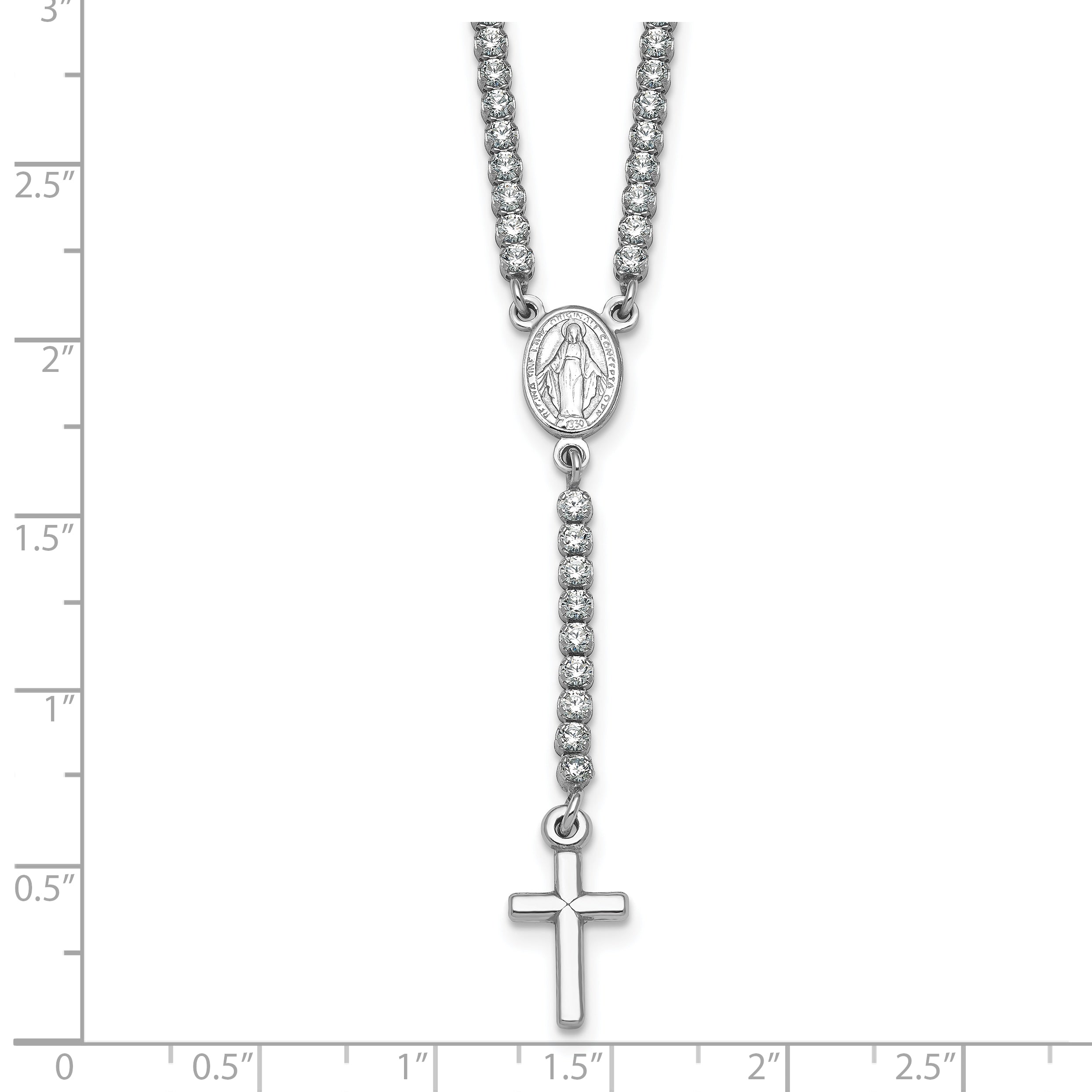Sterling Silver Rhodium-plated Polished CZ 15.5 inch with 2 inch extender Rosary Necklace