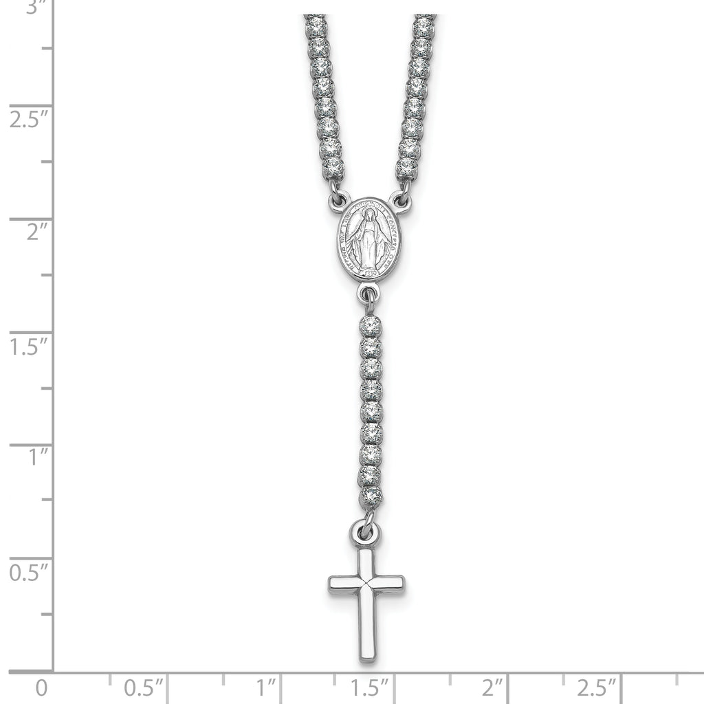 Sterling Silver Rhodium-plated Polished CZ 15.5 inch with 2 inch extender Rosary Necklace