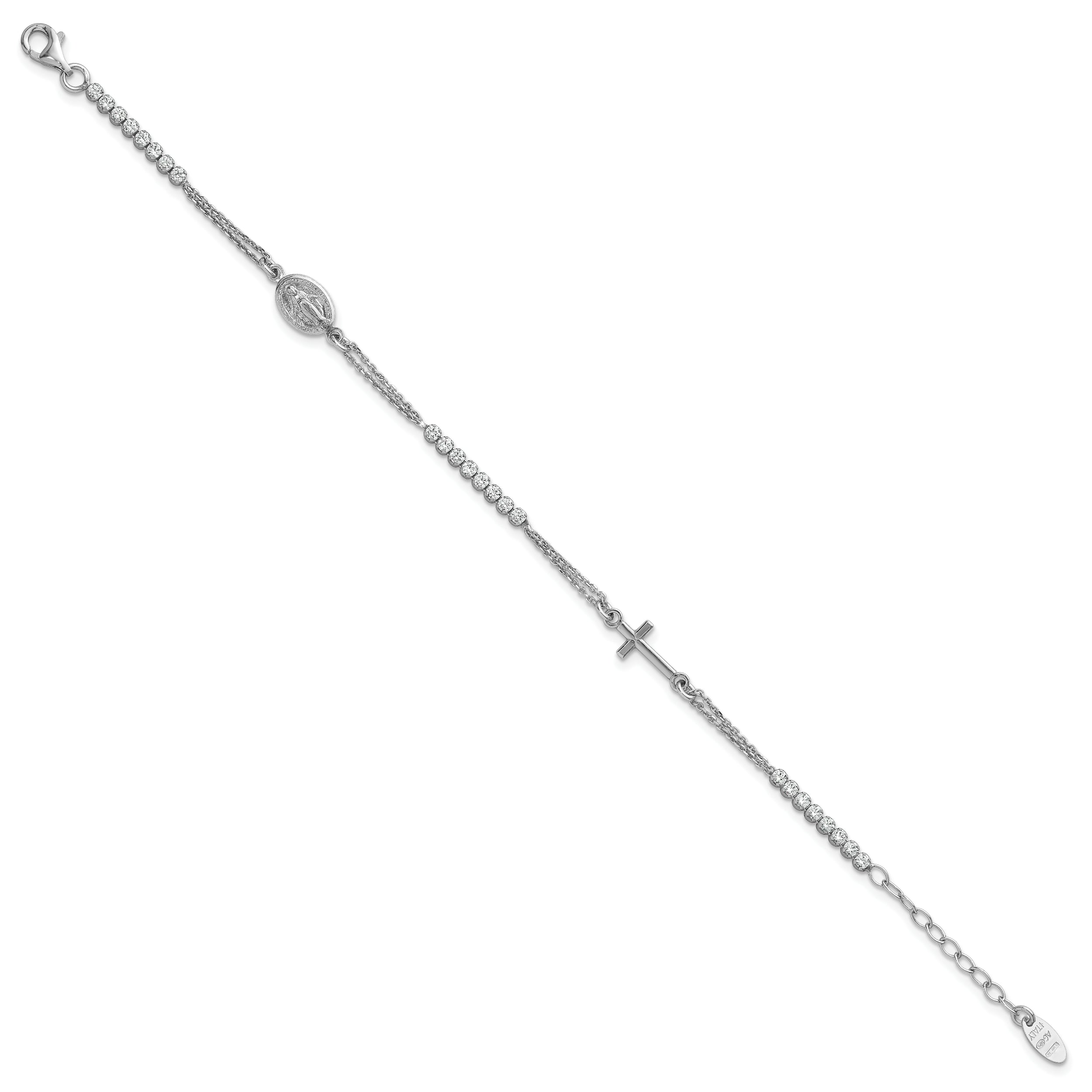 Sterling Silver Rhodium-plated Polished CZ 6.75 inch with 1.25 inch extender Rosary Bracelet