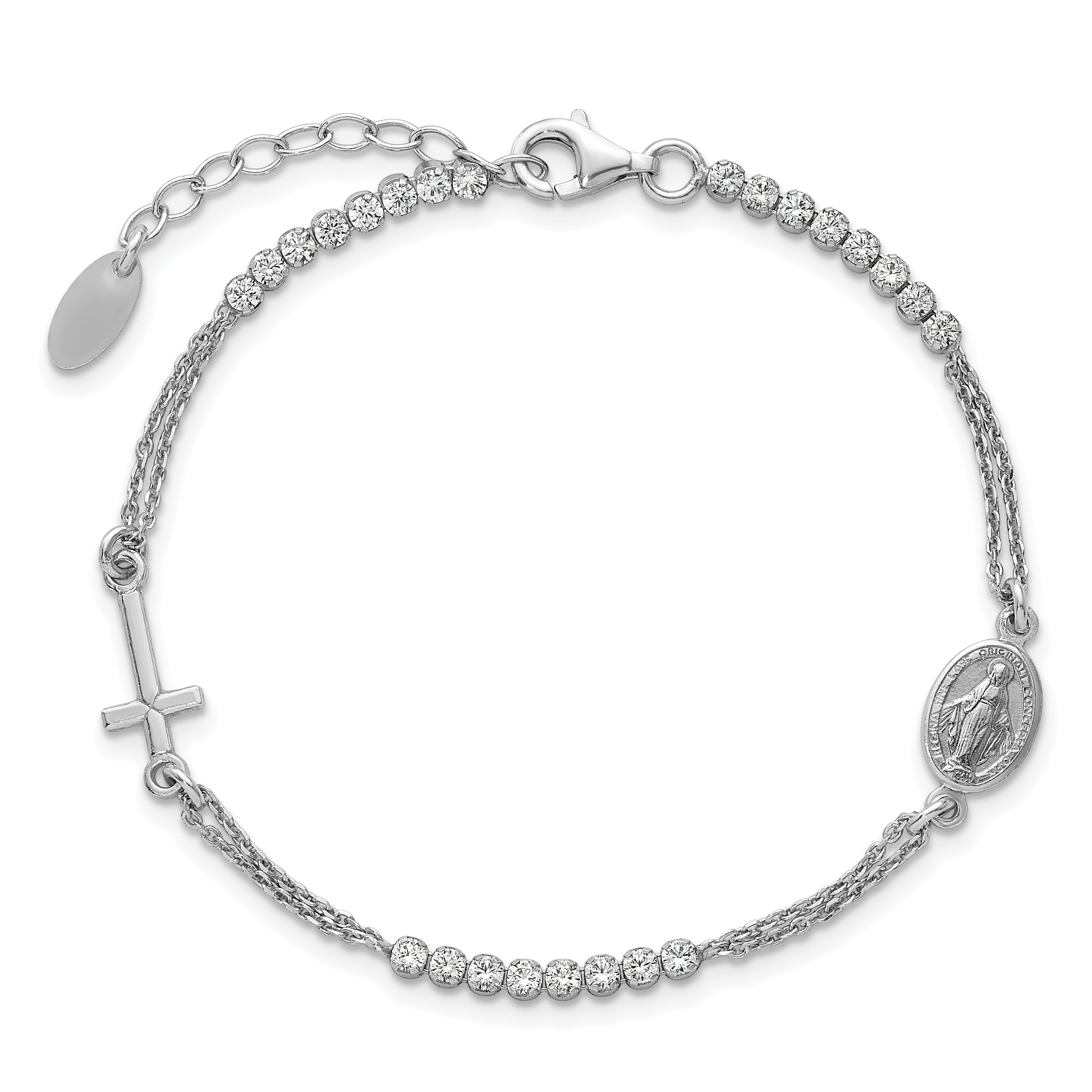 Sterling Silver Rhodium-plated Polished CZ 6.75 inch with 1.25 inch extender Rosary Bracelet