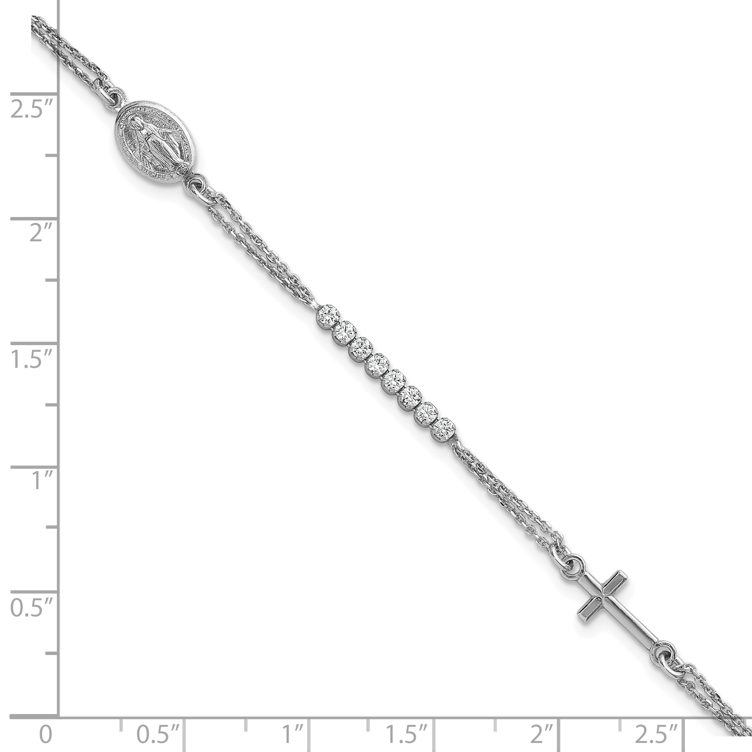 Sterling Silver Rhodium-plated Polished CZ 6.75 inch with 1.25 inch extender Rosary Bracelet