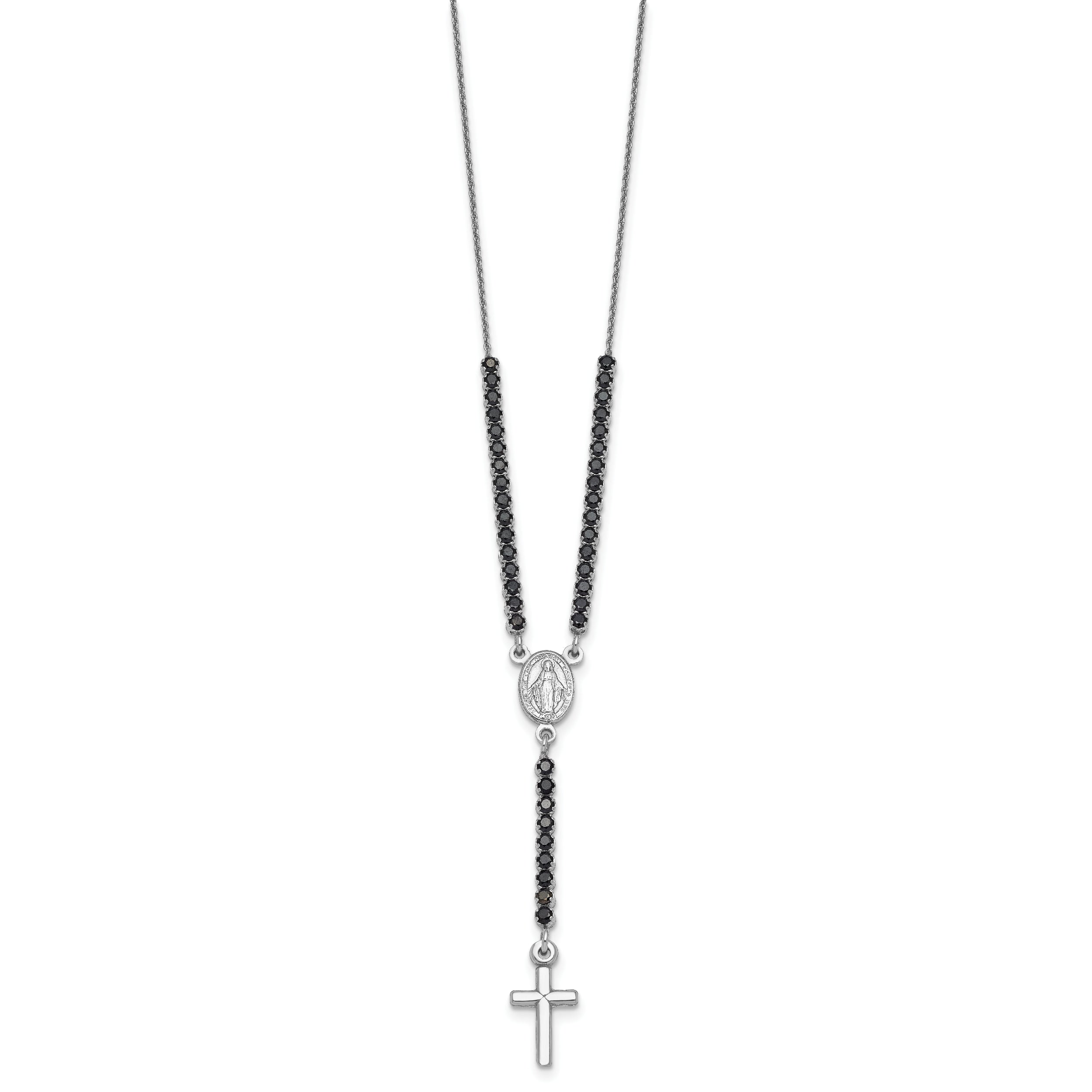 Sterling Silver Rhodium-plated Polished Black CZ 15.5 inch with 2 inch extender Rosary Necklace