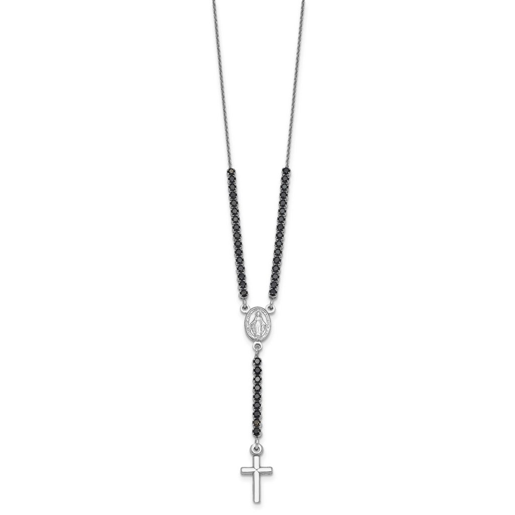 Sterling Silver Rhodium-plated Polished Black CZ 15.5 inch with 2 inch extender Rosary Necklace