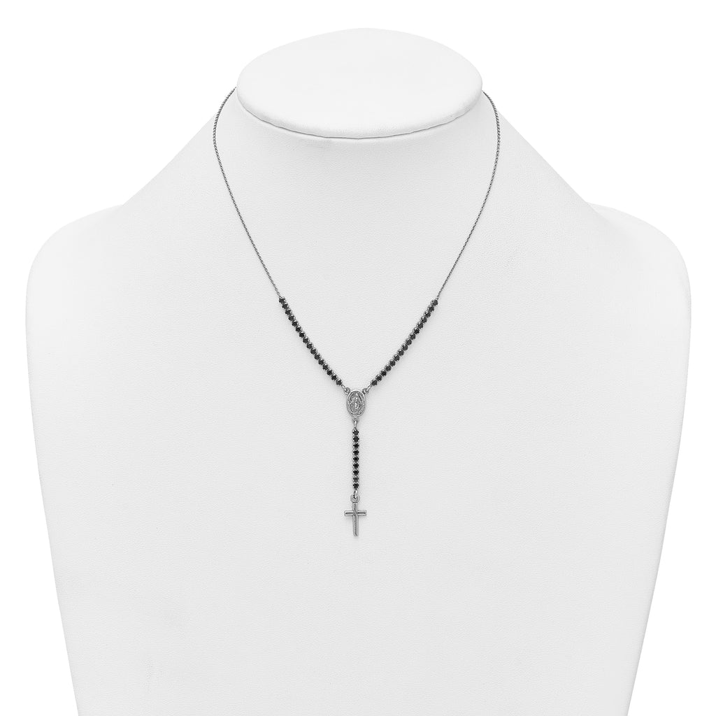 Sterling Silver Rhodium-plated Polished Black CZ 15.5 inch with 2 inch extender Rosary Necklace