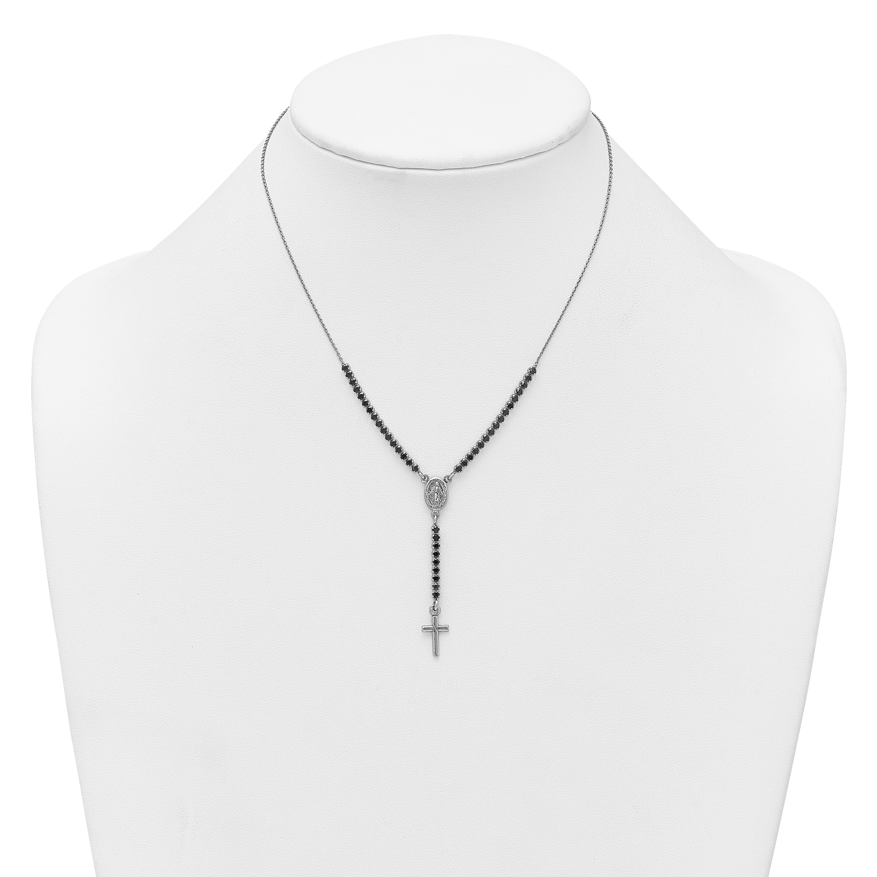 Sterling Silver Rhodium-plated Polished Black CZ 15.5 inch with 2 inch extender Rosary Necklace