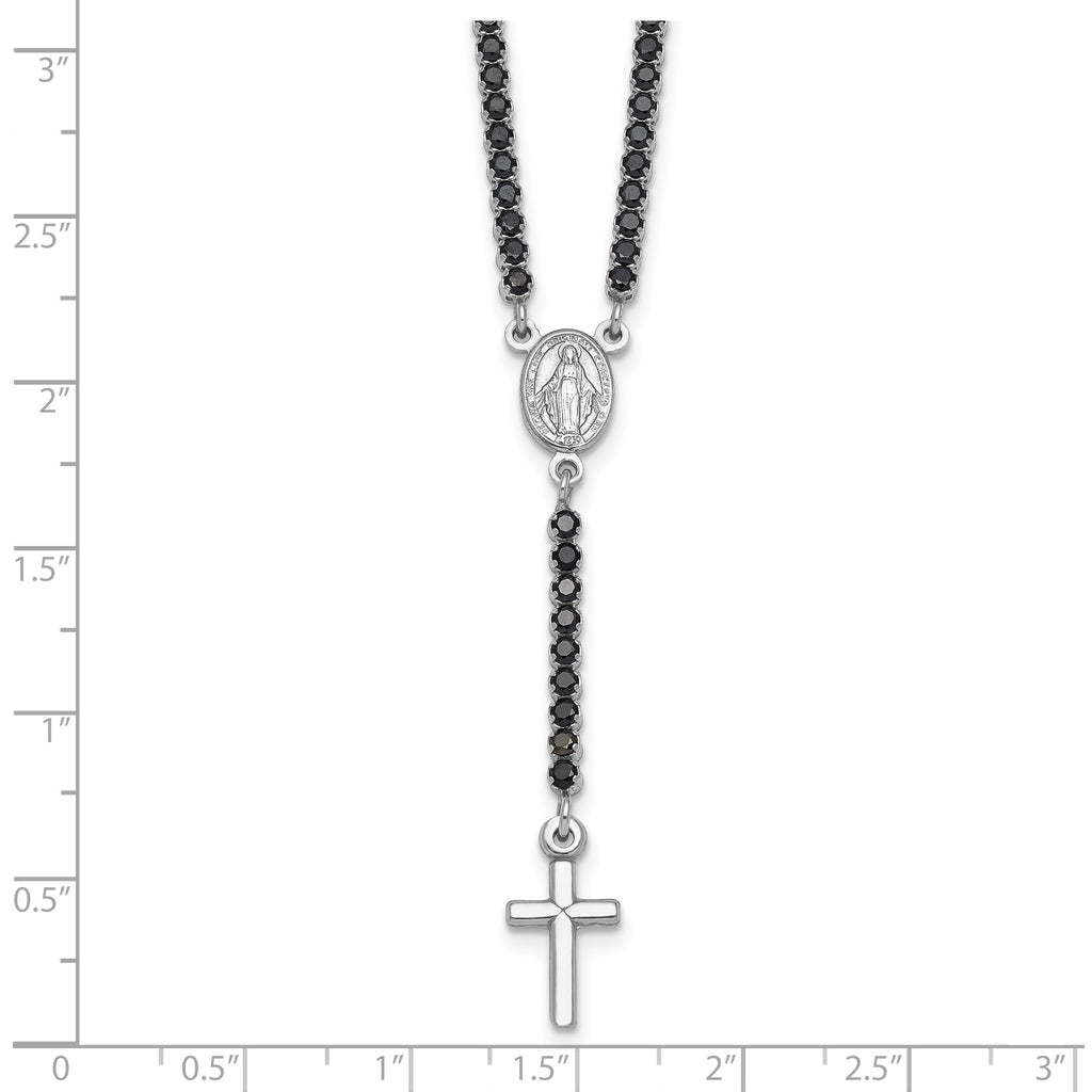 Sterling Silver Rhodium-plated Polished Black CZ 15.5 inch with 2 inch extender Rosary Necklace