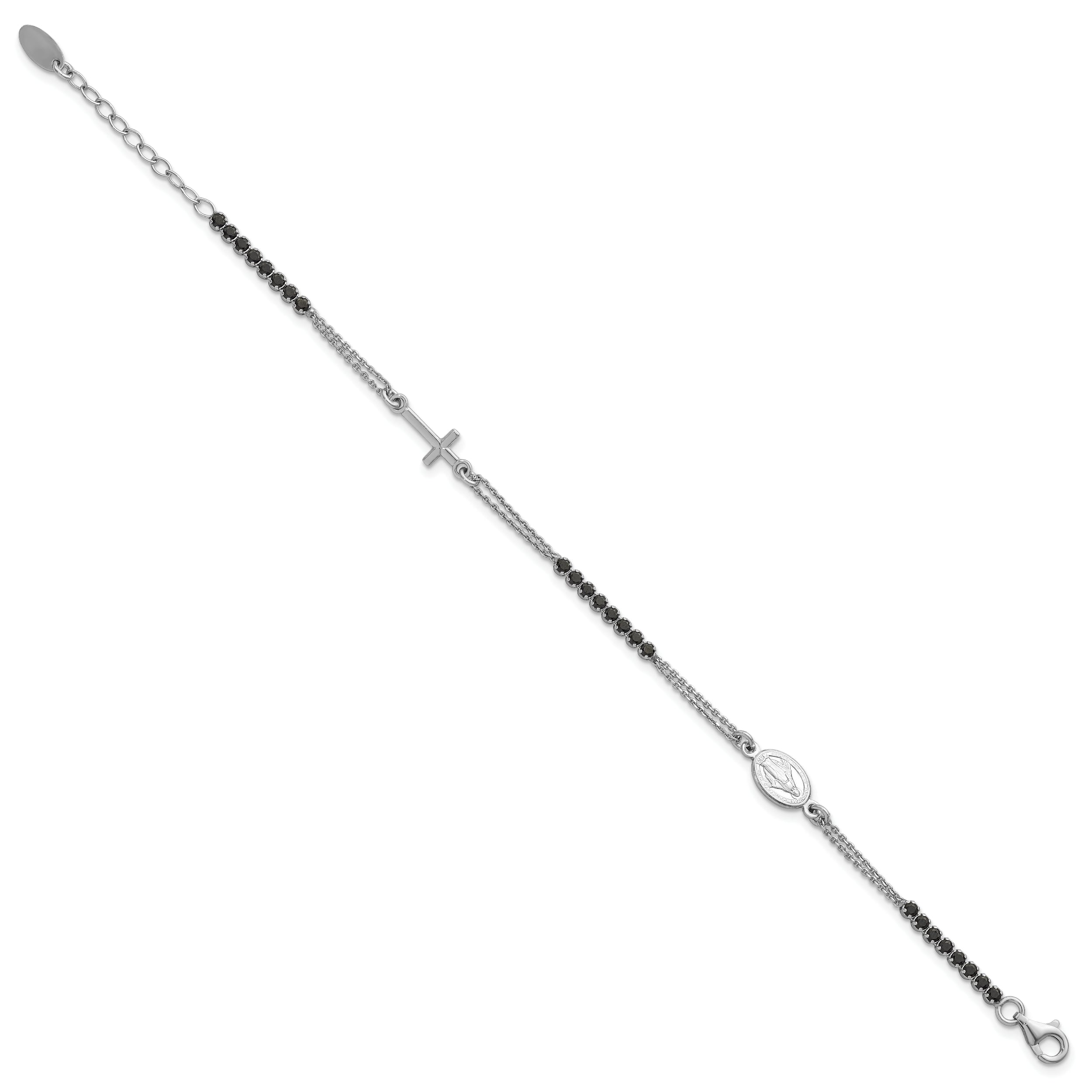 Sterling Silver Rhodium-plated Polished Black CZ 6.75 inch with 1.25 inch extender Rosary Bracelet