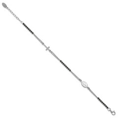 Sterling Silver Rhodium-plated Polished Black CZ 6.75 inch with 1.25 inch extender Rosary Bracelet