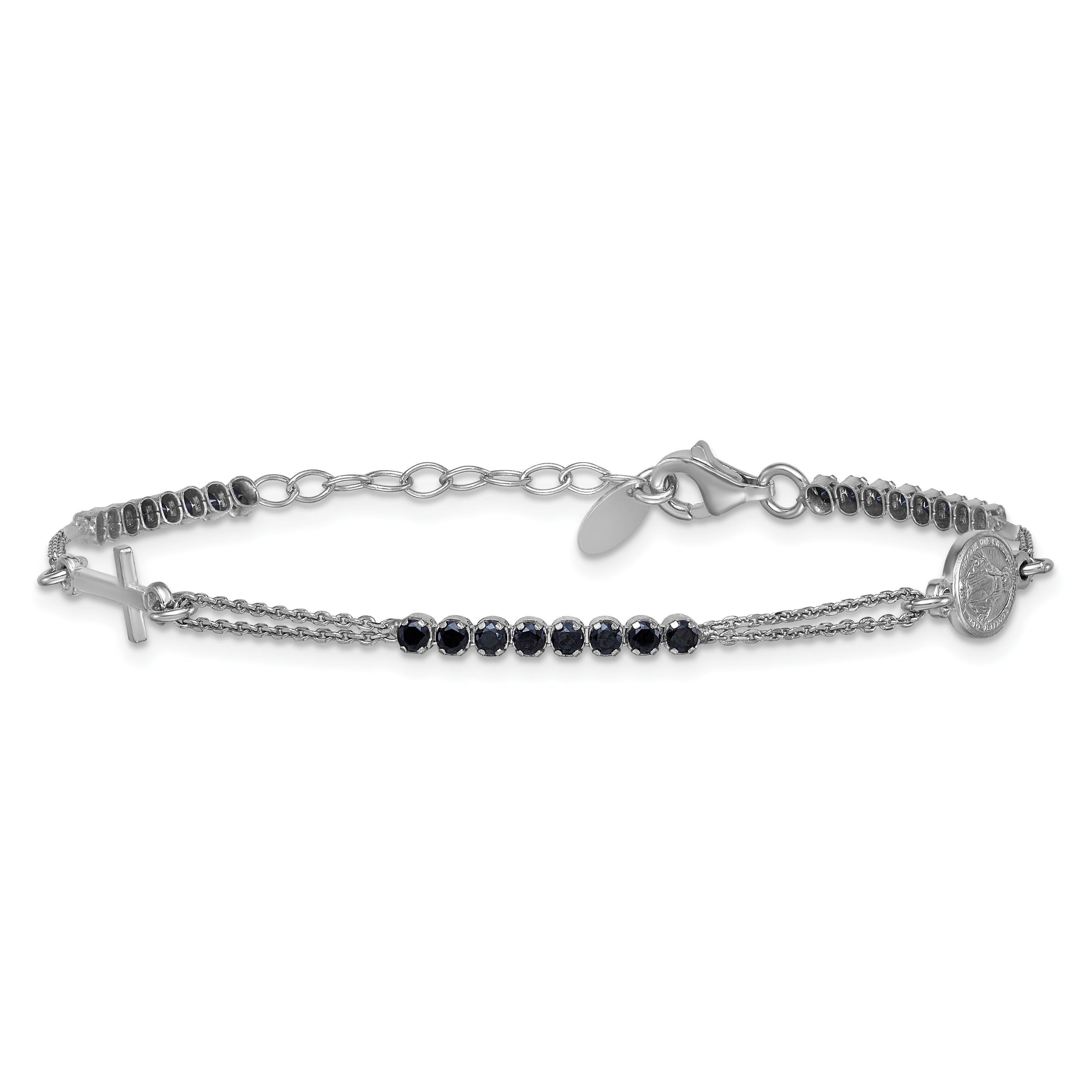 Sterling Silver Rhodium-plated Polished Black CZ 6.75 inch with 1.25 inch extender Rosary Bracelet