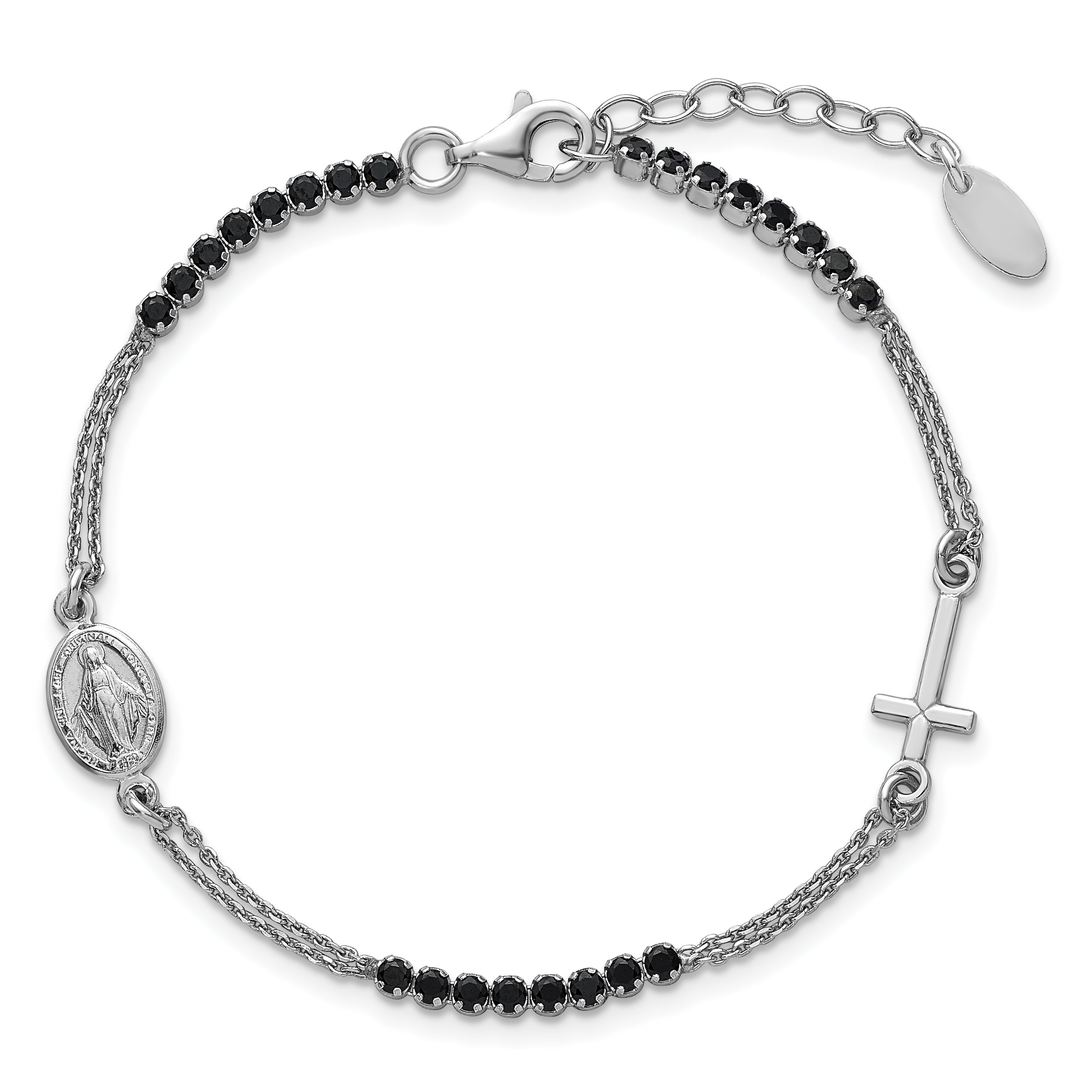 Sterling Silver Rhodium-plated Polished Black CZ 6.75 inch with 1.25 inch extender Rosary Bracelet