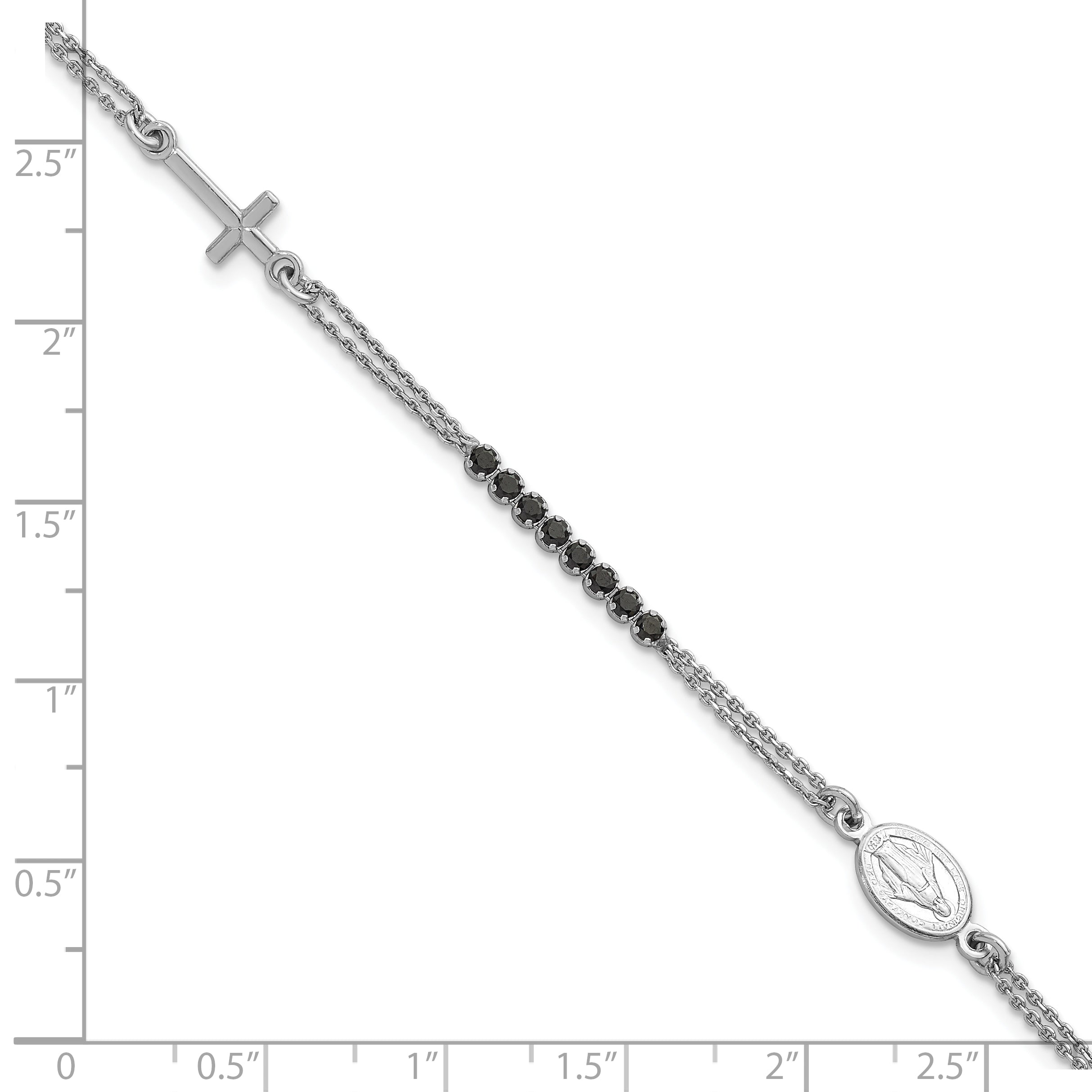 Sterling Silver Rhodium-plated Polished Black CZ 6.75 inch with 1.25 inch extender Rosary Bracelet