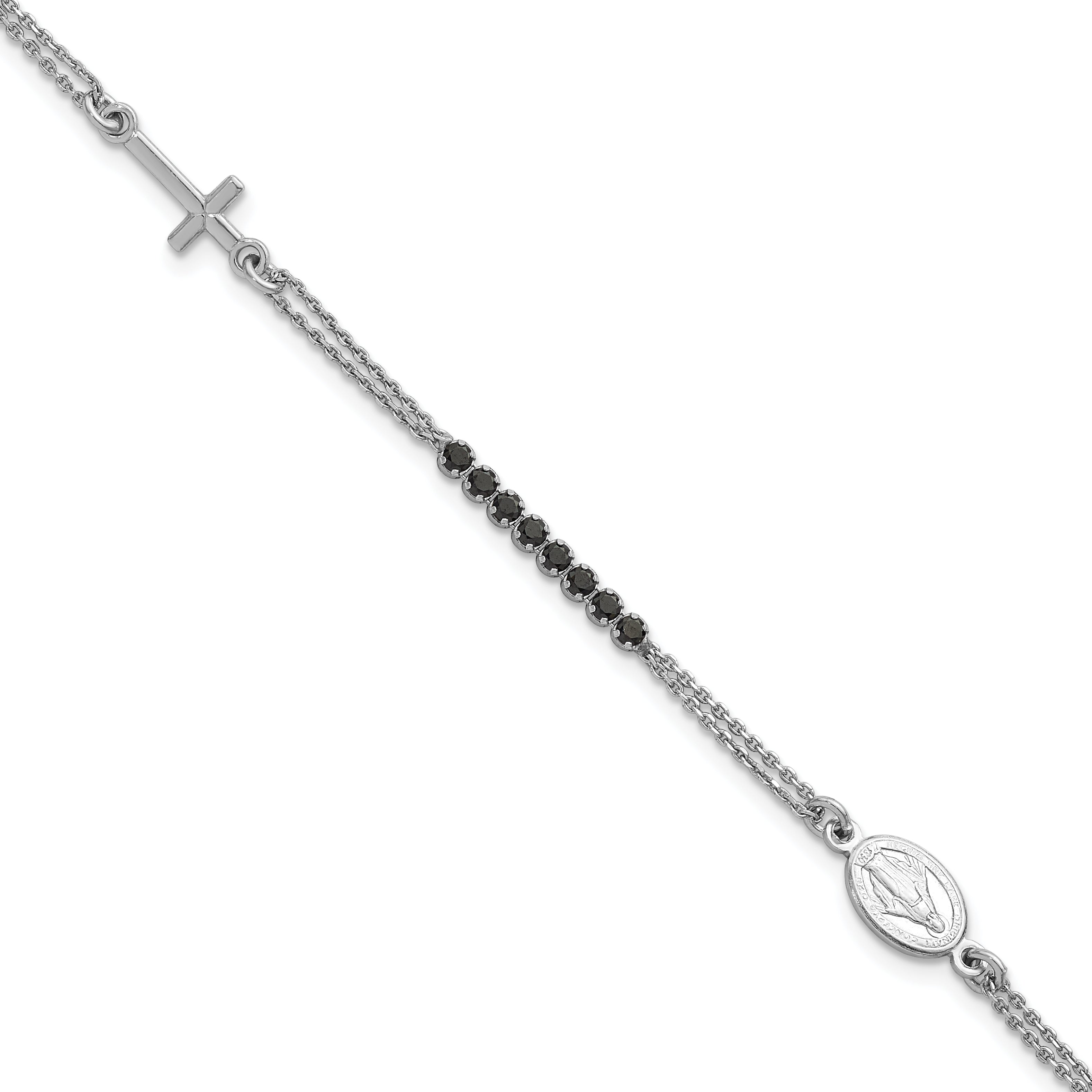 Sterling Silver Rhodium-plated Polished Black CZ 6.75 inch with 1.25 inch extender Rosary Bracelet