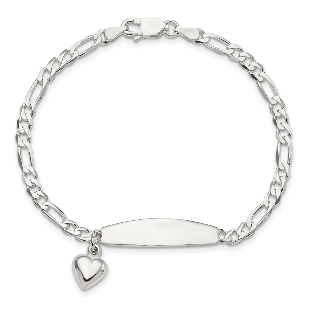 Sterling Silver Polished Figaro ID Heart Dangle 8.5in Bracelet