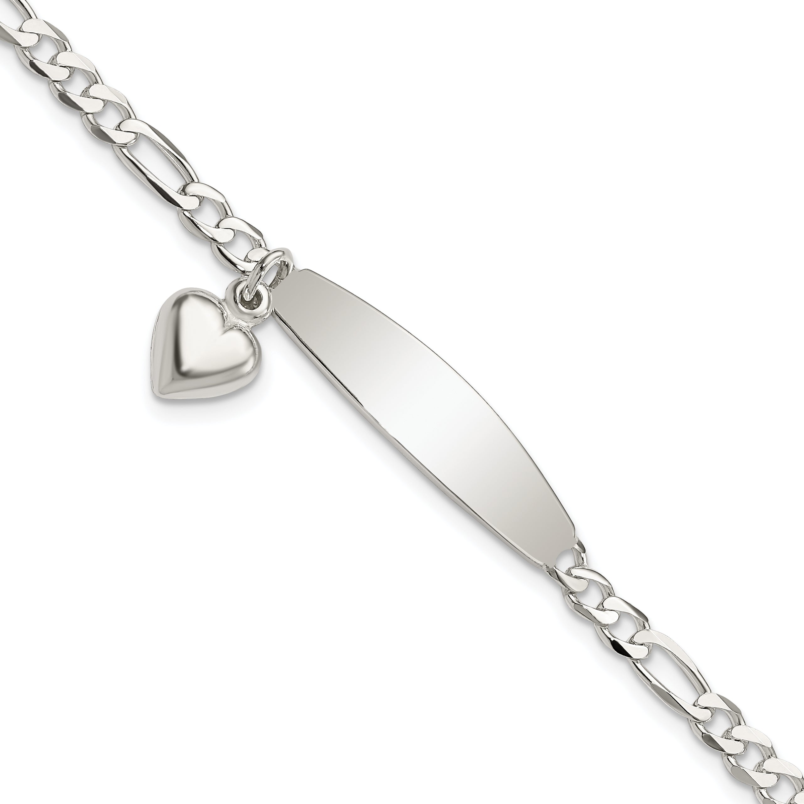 Sterling Silver Polished Figaro ID Heart Dangle Bracelet Main image