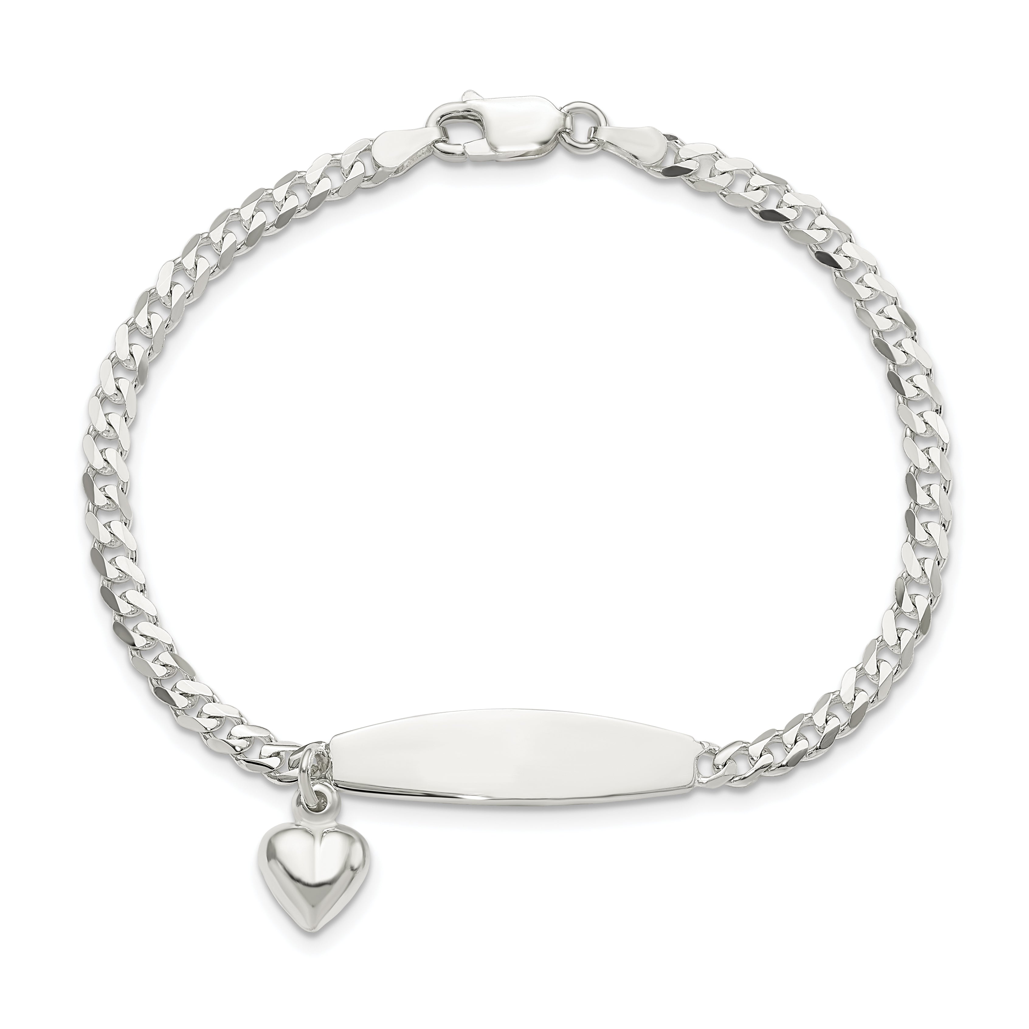 Sterling Silver Polished Curb Link ID Heart Dangle 8.5in Bracelet