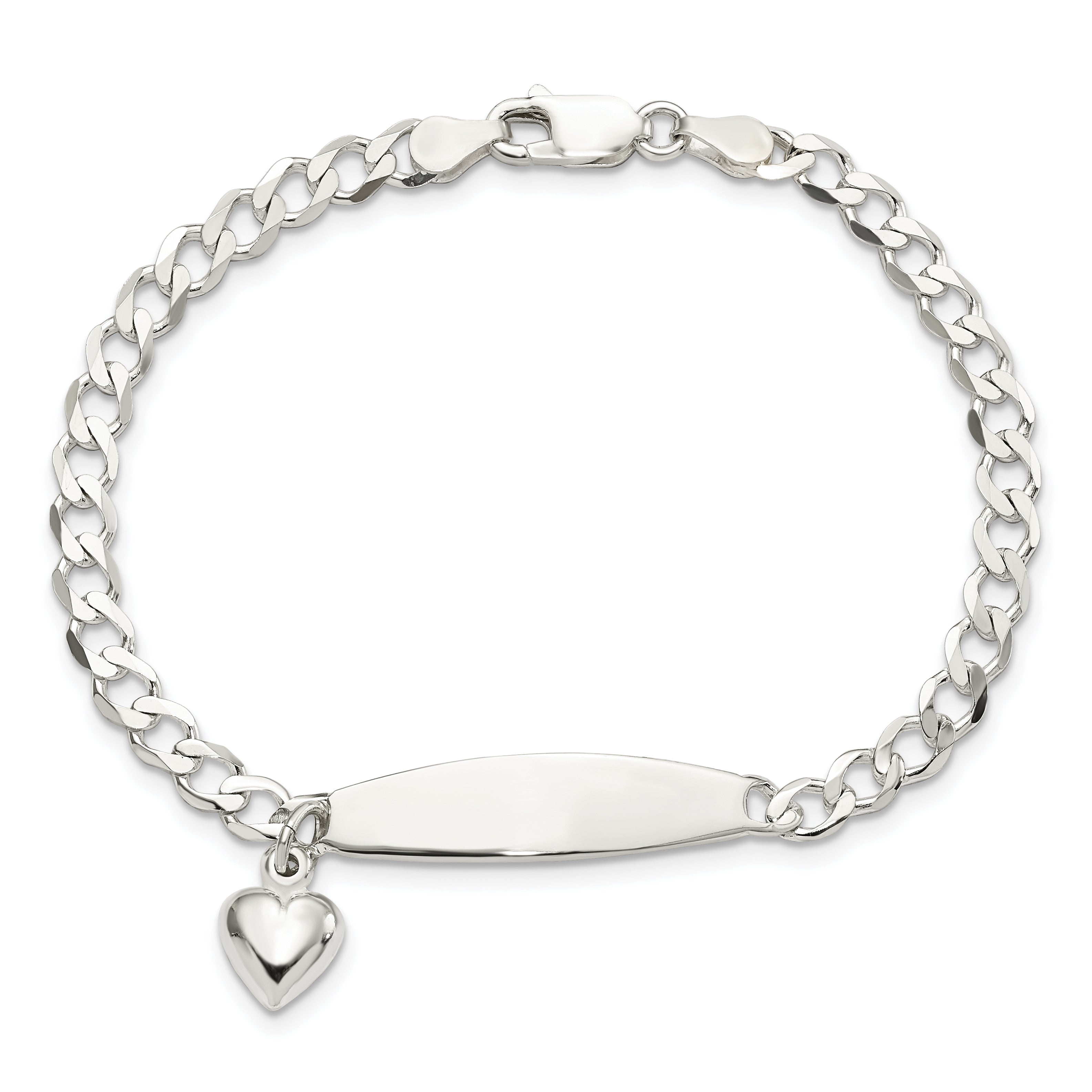 Sterling Silver Polished Curb Link ID Heart Dangle Bracelet