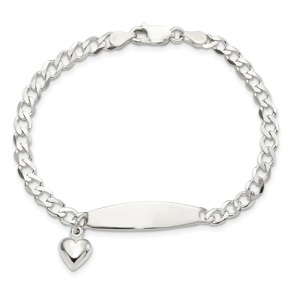 Sterling Silver Polished Curb Link ID Heart Dangle 8.5in Bracelet