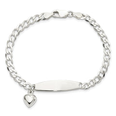 Sterling Silver Polished Curb Link ID Heart Dangle Bracelet