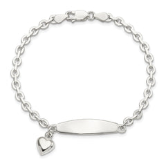 Sterling Silver Polished Rolo Link ID Heart Dangle Bracelet
