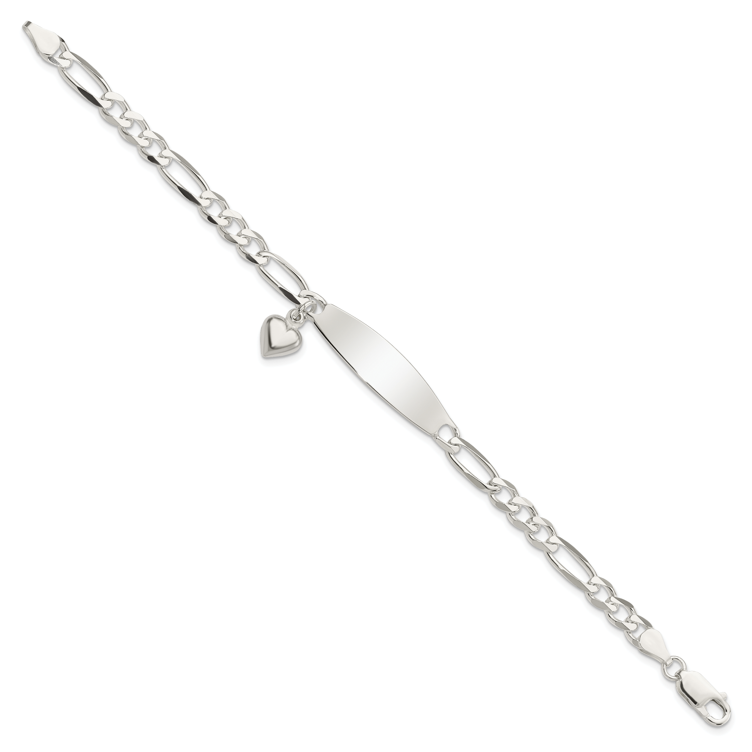 Sterling Silver Polished Figaro ID Heart Dangle Bracelet Secondary image