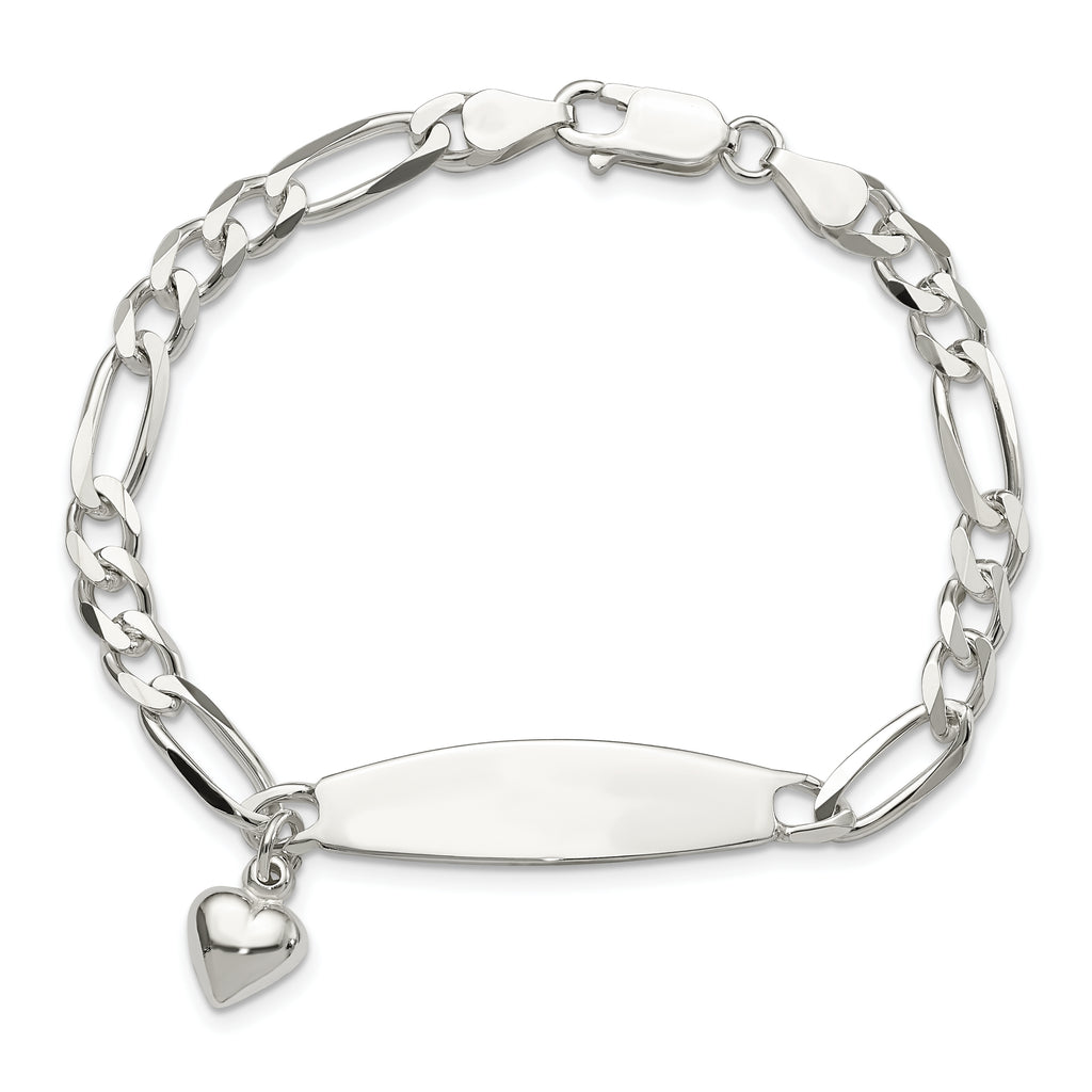 Sterling Silver Polished Figaro ID Heart Dangle 8.5in Bracelet