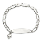 Sterling Silver Polished Figaro ID Heart Dangle 8.5in Bracelet