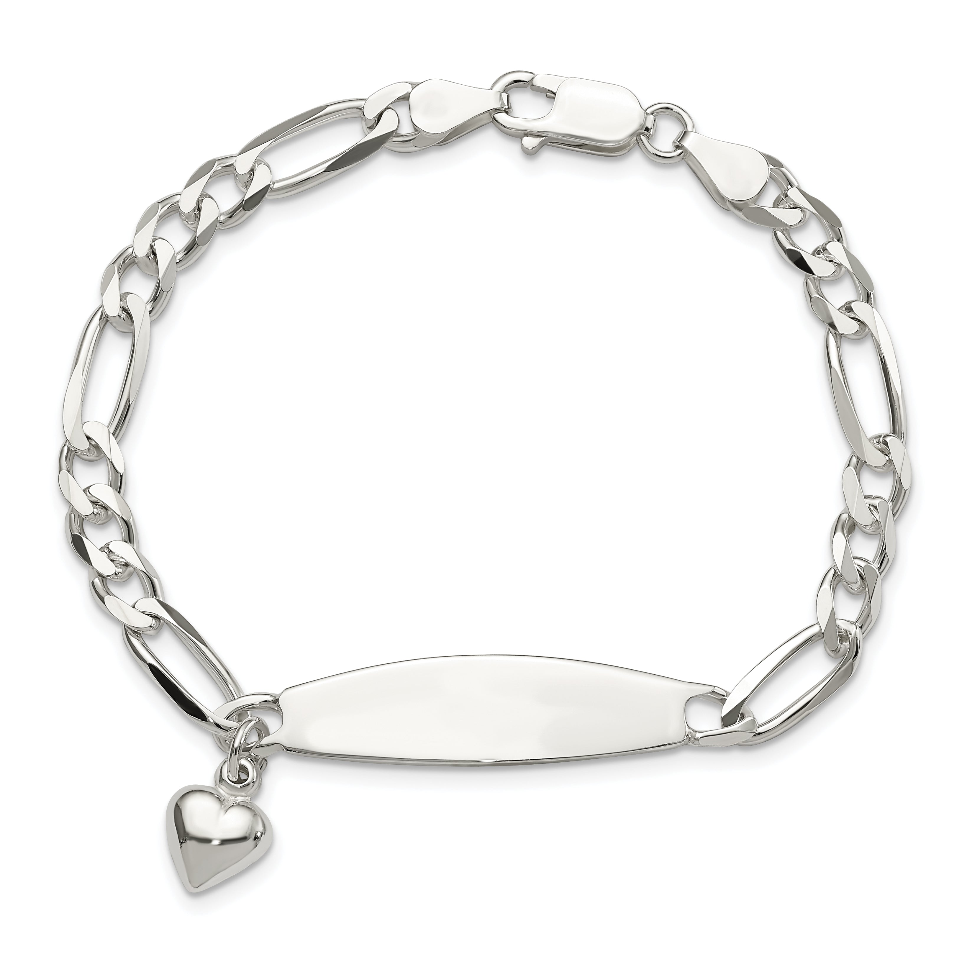 Sterling Silver Polished Figaro ID Heart Dangle 8.5in Bracelet