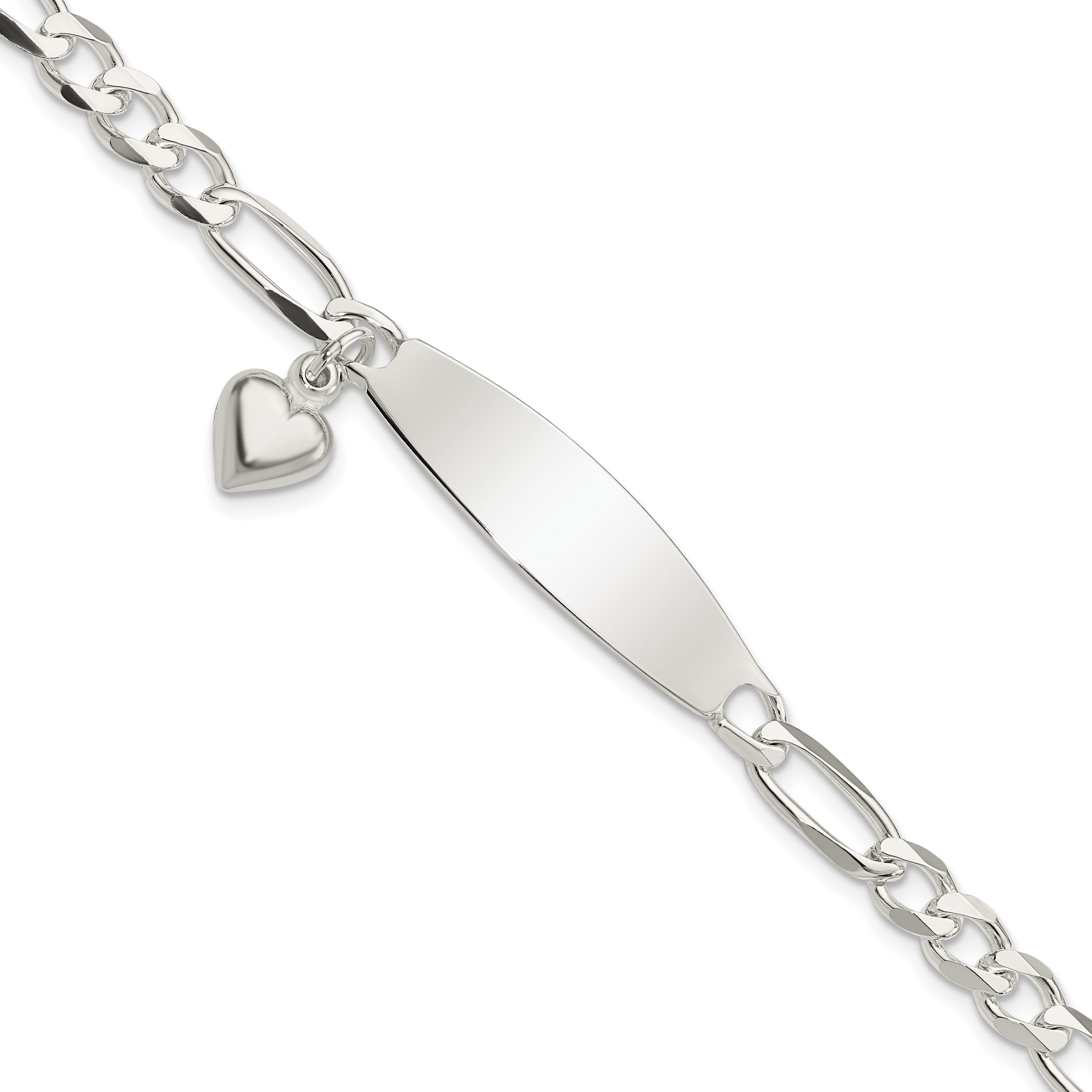 Sterling Silver Polished Figaro ID Heart Dangle Bracelet Main image