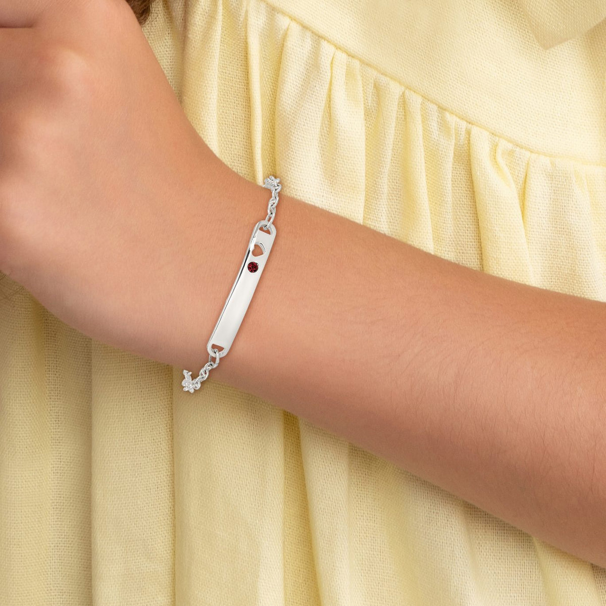 Children's ID Bar Bracelet in Sterling Silver with Red Cubic Zirconia, 5.5 Inch - Sophia Jewelers